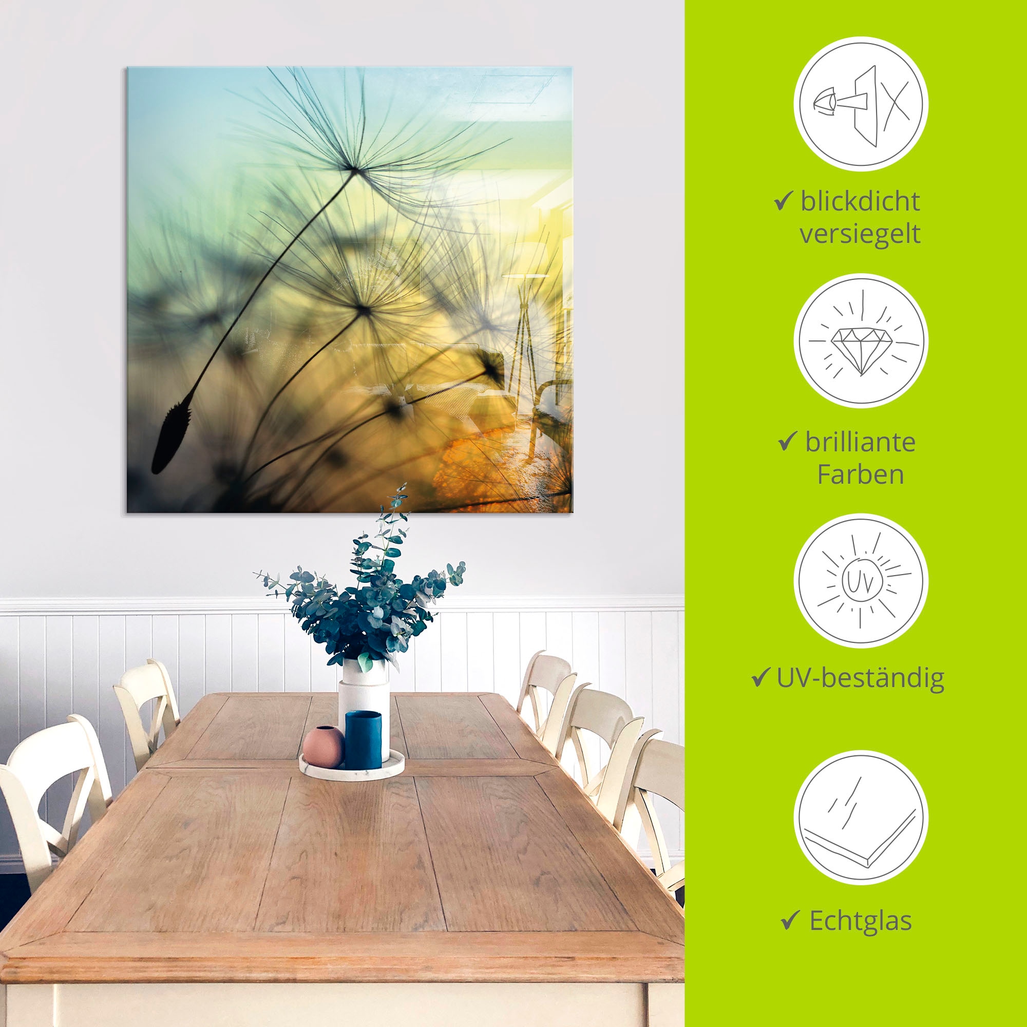 Artland Glasbild »Goldener Sonnenuntergang und Pusteblumen«, Blumen, (1 St.), in verschiedenen Größen