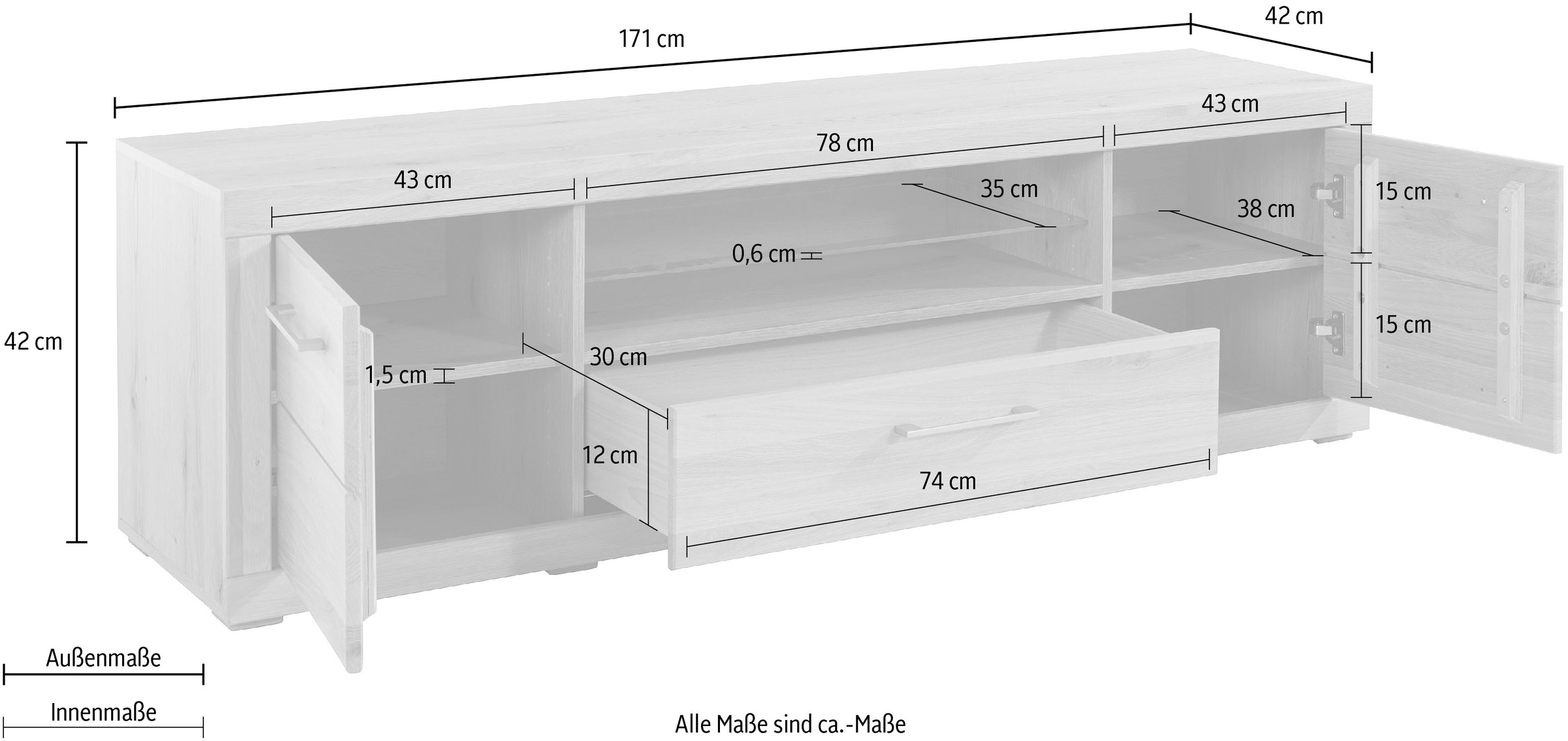 VOGL Möbelfabrik Lowboard »1237«, Massivholzfront, Breite ca. 171 cm, mit Softclose Funktion