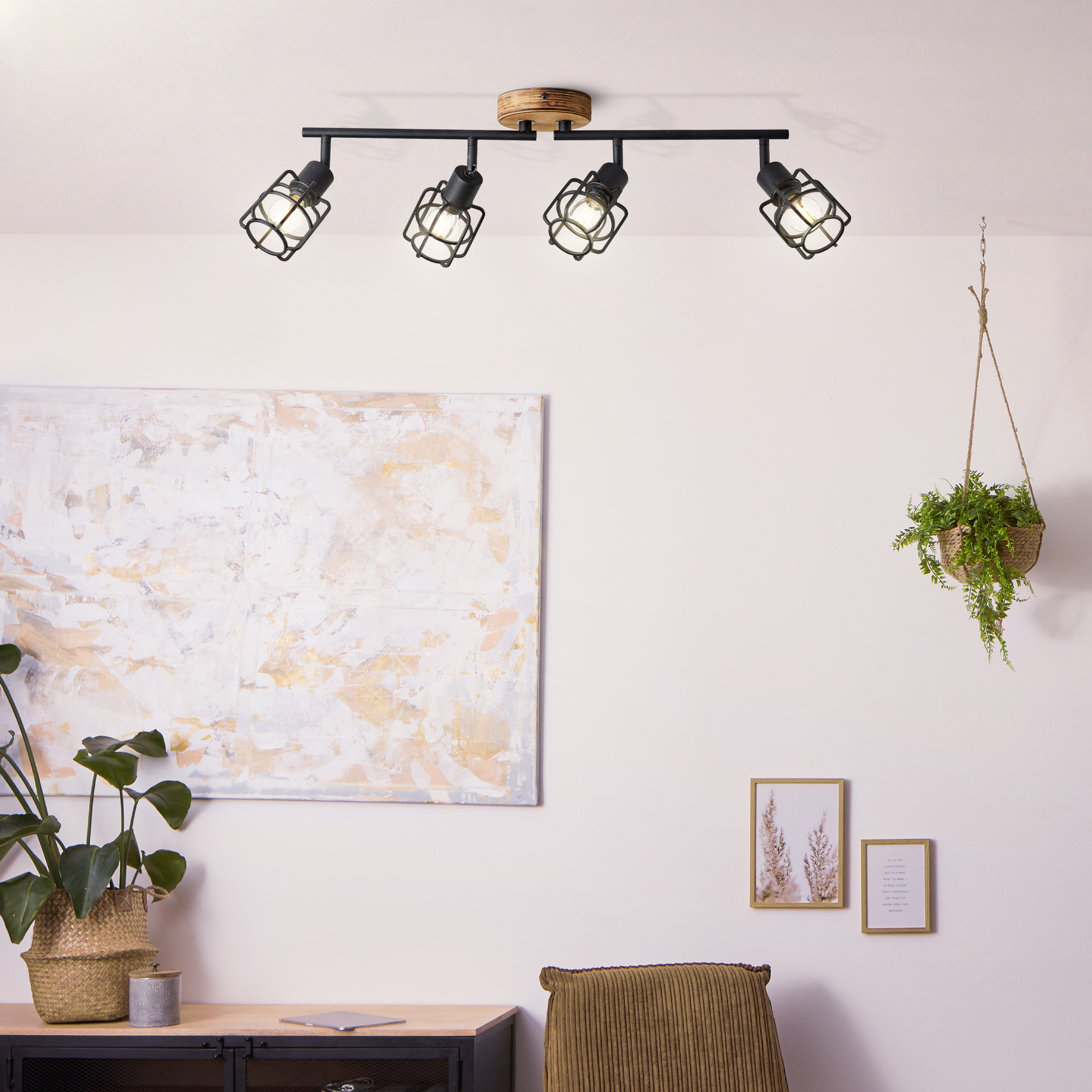 Brilliant Deckenstrahler »Gwen«, 4 flammig, Leuchtmittel E14 | ohne Leuchtmittel, B 70 cm, 4 x E14, schwenkbar, Metall/Holz, antik/schwarz korund