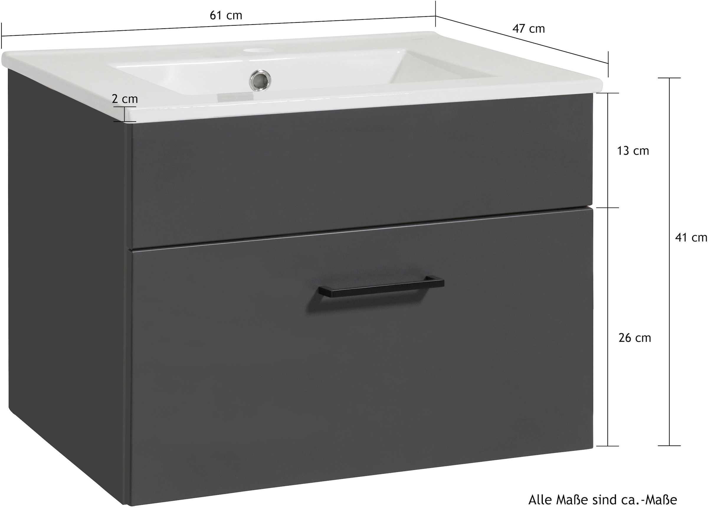 welltime Waschtisch »Trento Light mit Keramik-Auflagebecken«, 1 feste Blende und 1 Auszug, Breite: 61cm, Anthrazit Matt