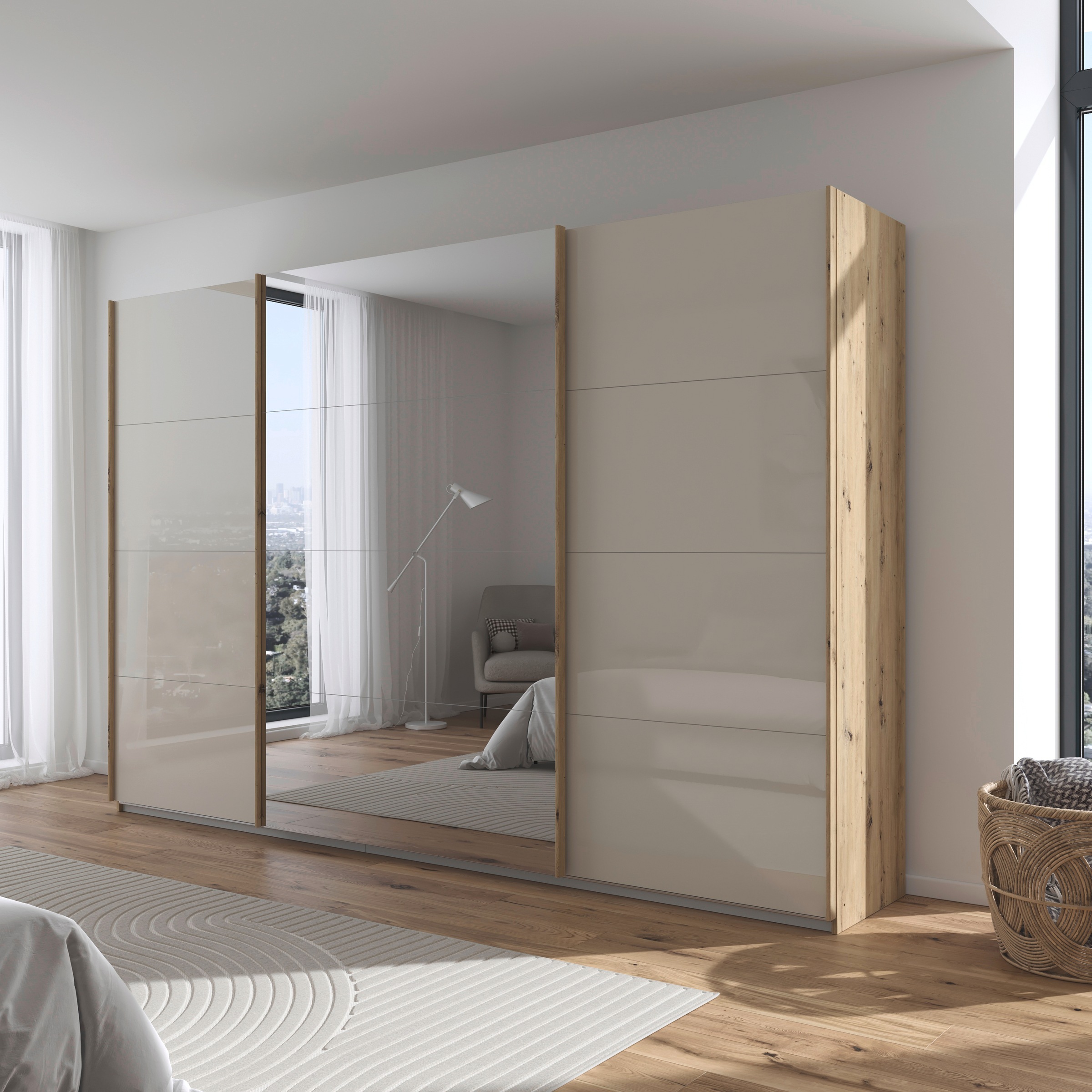 rauch Schwebetürenschrank »Kleiderschrank Kleiderschränke Schrank Garderobe AGORDO mit Glasfront«, durchdachte Innenausstattung, in 4 Breiten und 2 Höhen MADE IN GERMANY