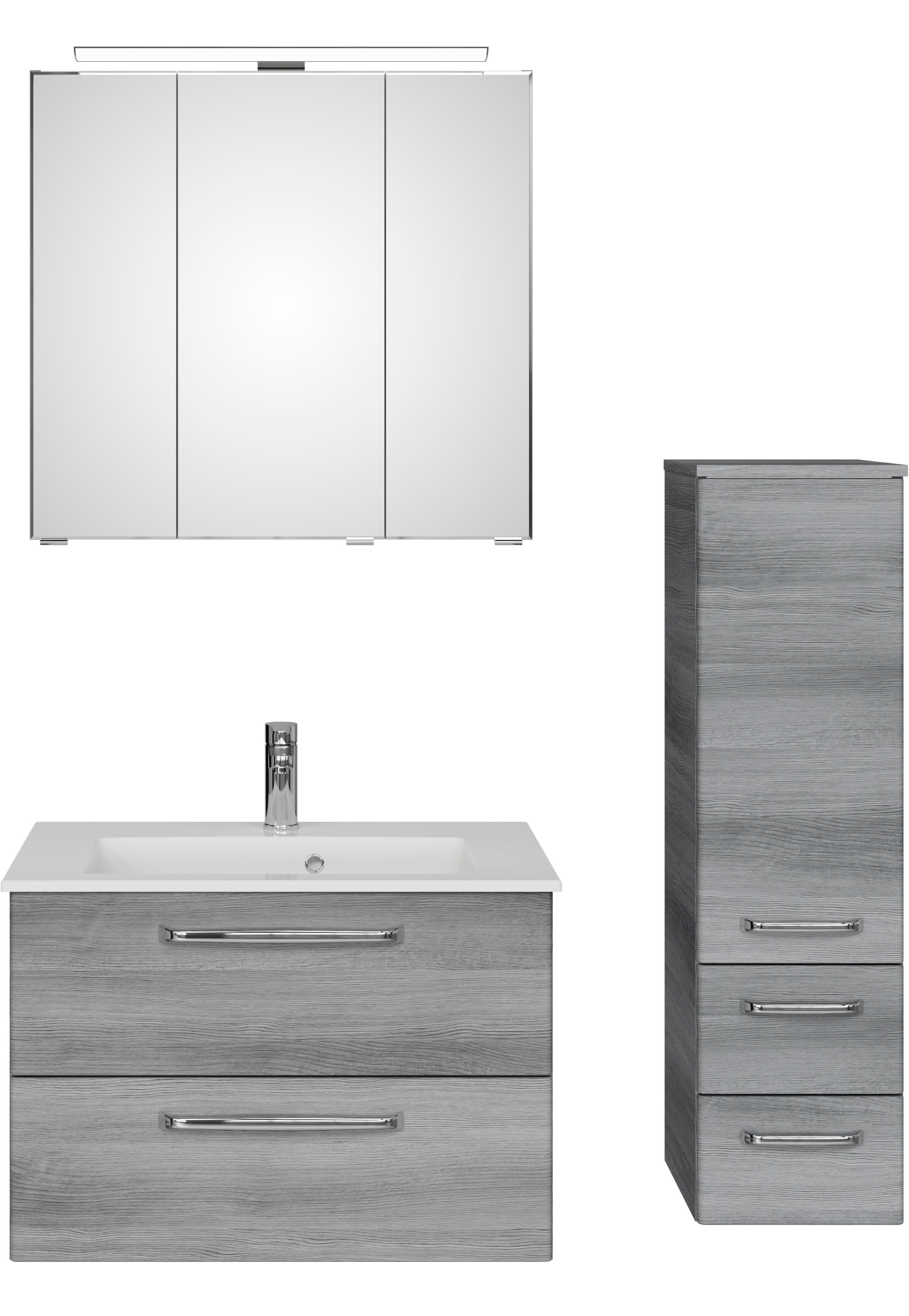 Saphir Badmöbel-Set »Badmöbel-Set Trentino 3-tlg Mineralmarmorwaschtisch,LED-Spiegelschrank«, (4 St.), Badezimmer-Set mit Midischrank inkl. Türdämpfer