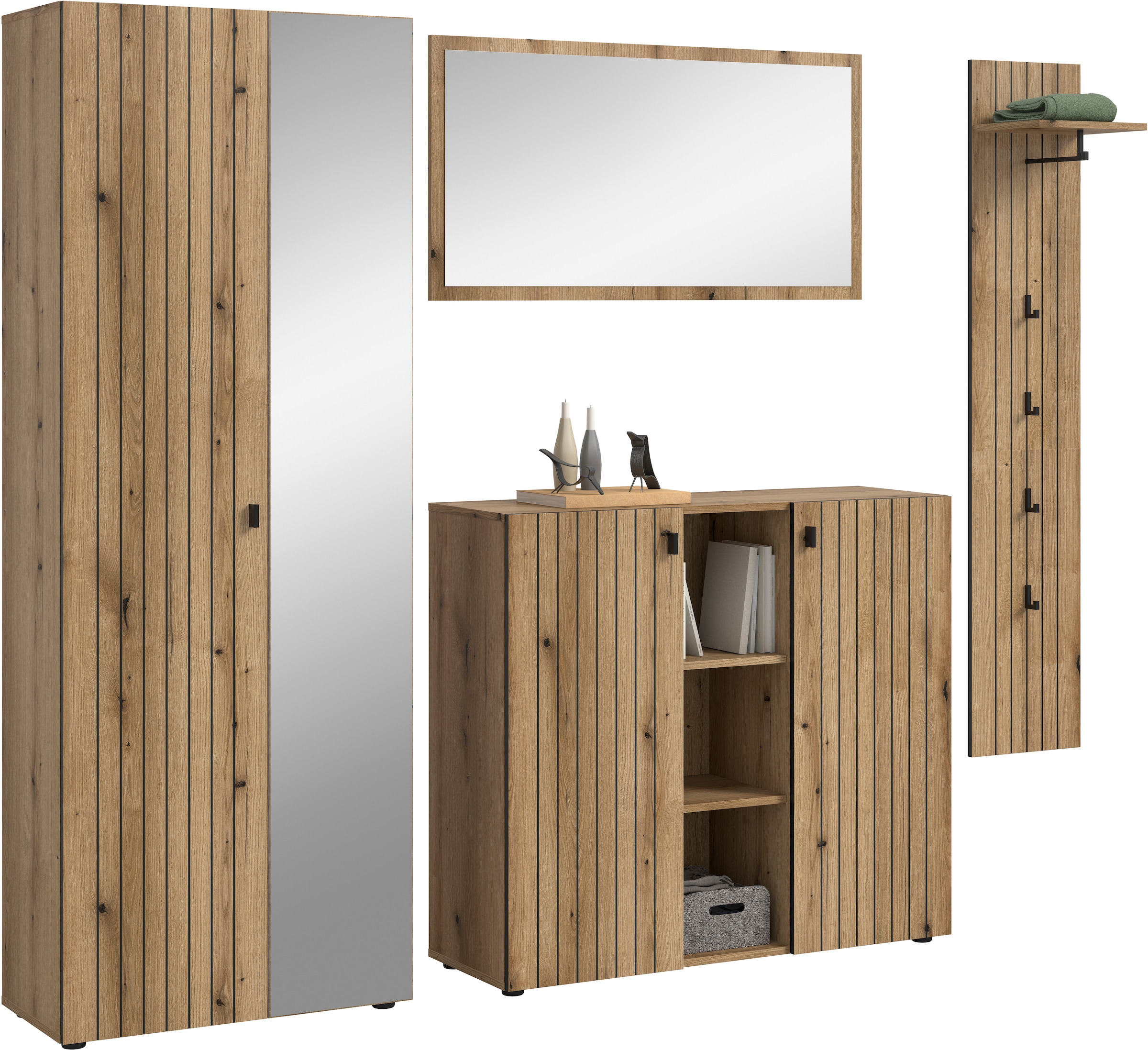 INOSIGN Garderoben-Set »TATIO, 4-tlg. Garderobenkombination, Breite: 237 cm, Rillenfräsung« Set, 1 Spiegel, 1 Garderobenschrank, 1 Schuhkommode, 1 Garderobenpaneel, 4 Stk. tlg.
