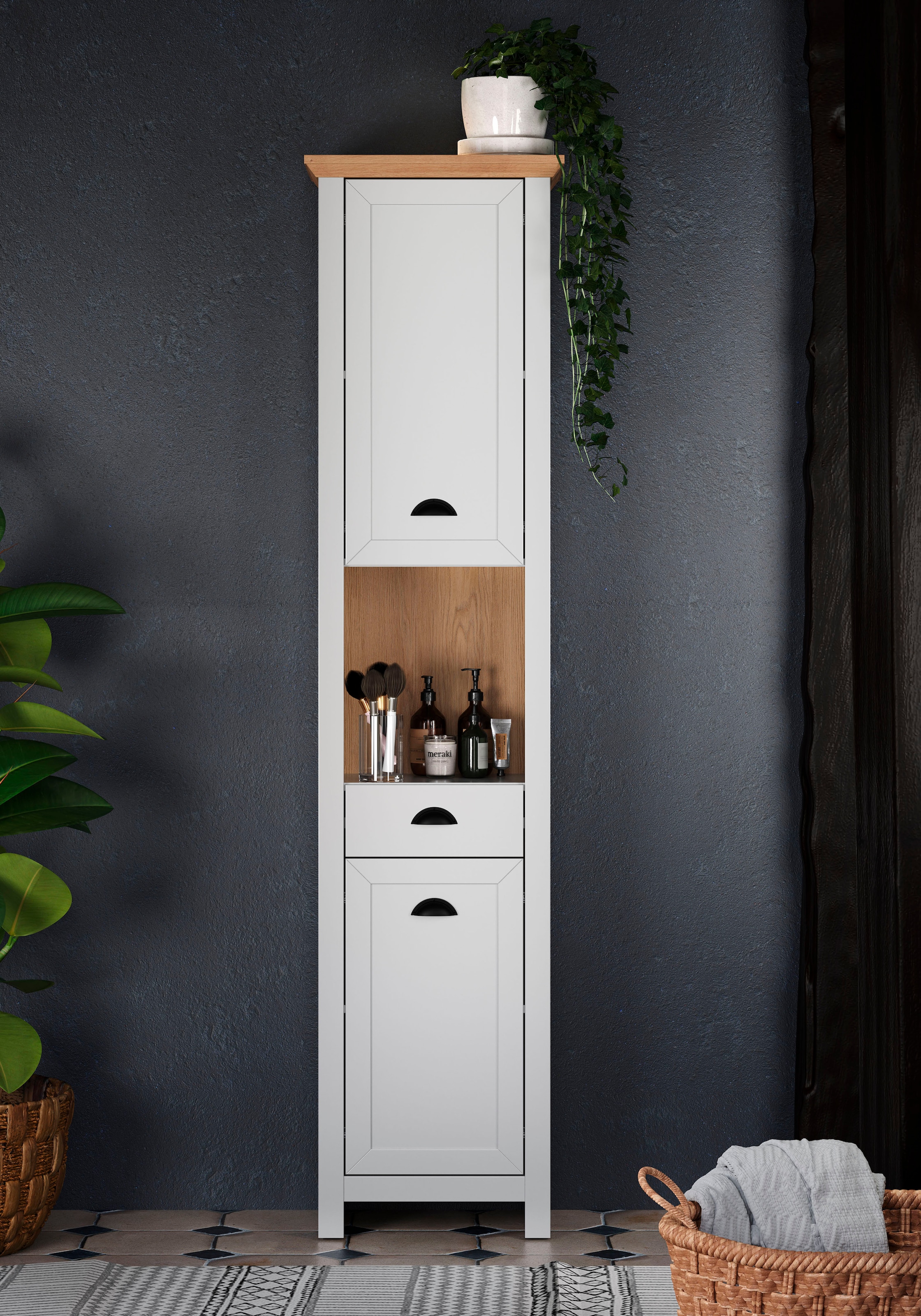 Home affaire Hochschrank, Badmöbel mit Muschelgriffen im Landhaus-Look - (B/T/H) 46/33/191 cm