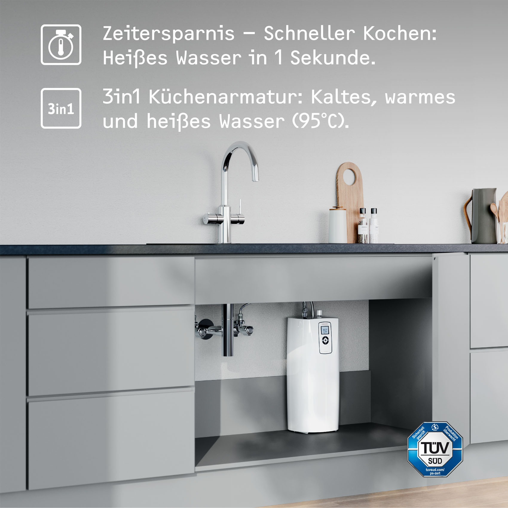 STIEBEL ELTRON Untertisch-Trinkwassersystem »Kochendwassergerät HOT 2.6 N Premium + 3in1 b gebürstet«, Set mit Heißwassergerät und speziellem Wasserhahn für die Küche