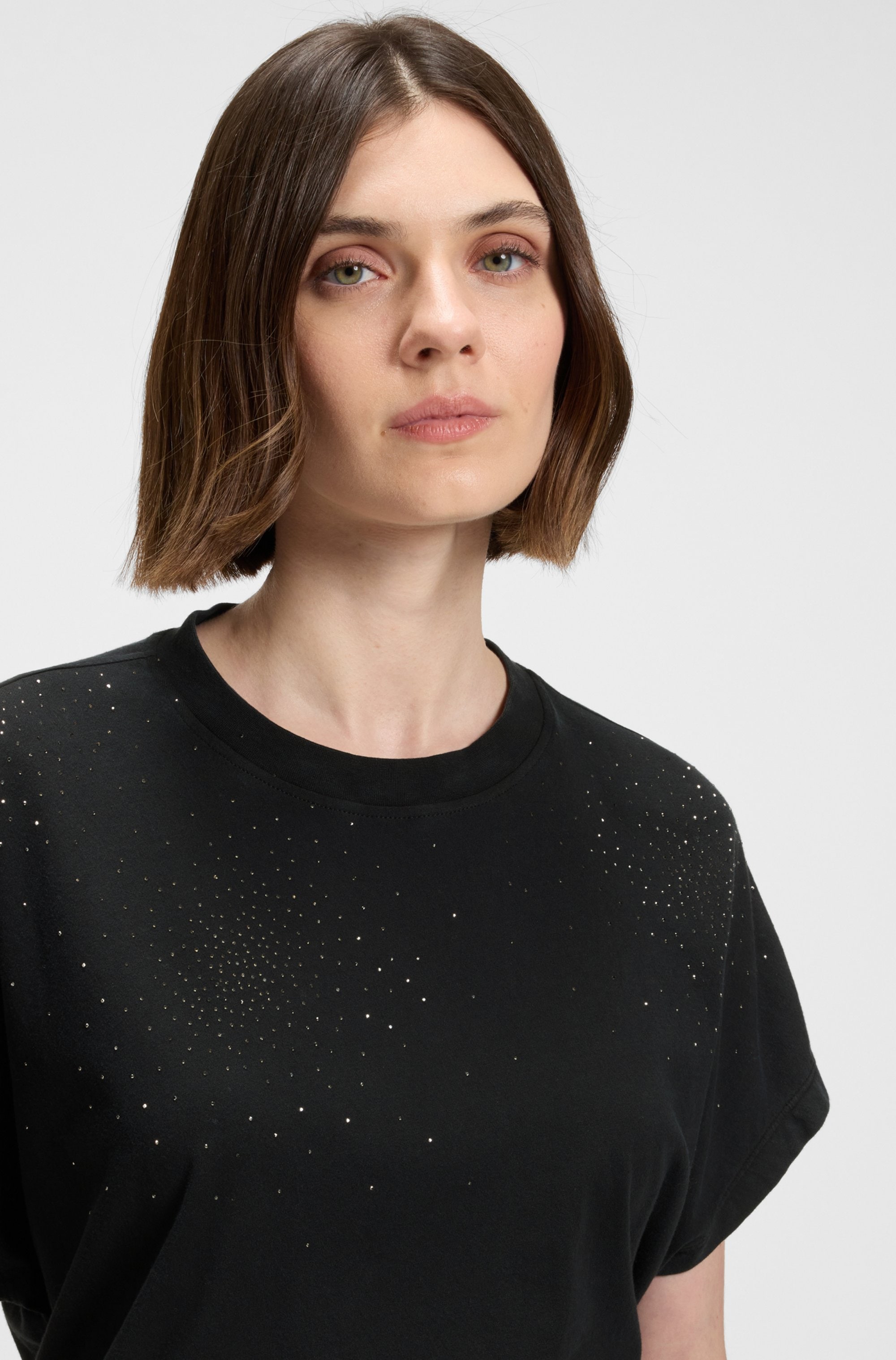 BOSS ORANGE T-Shirt »Emason Hotfix Premium Damenmode« Oversized Fit mit Rundhals, Glitzer-Applikation