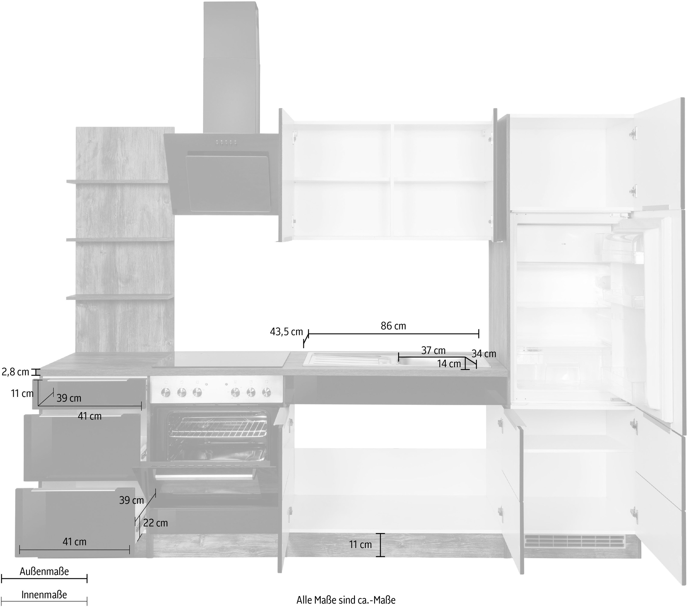 KOCHSTATION Küchenzeile »KS-Brindisi«, Breite 270 cm, wahlweise mit E-Geräten, mit MDF-Fronten und Regal
