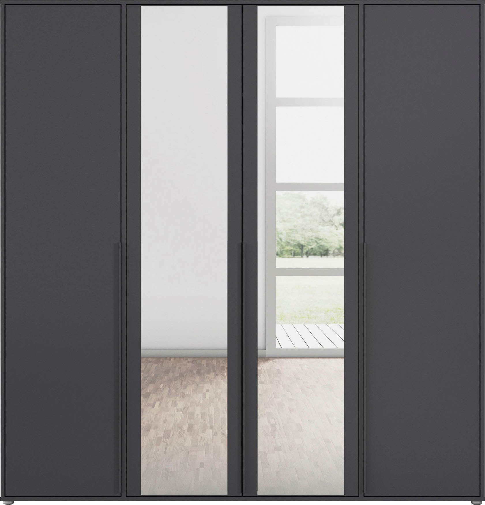 rauch Drehtürenschrank »Kleiderschrank Schrank Garderobe Wäscheschrank NAGATA mit Spiegel«, (in 3 verschiedenen Ausstattungen BASIC/CLASSIC/PREMIUM), und modernen Stangengriffen in Graumetallic TOPSELLER MADE IN GERMANY