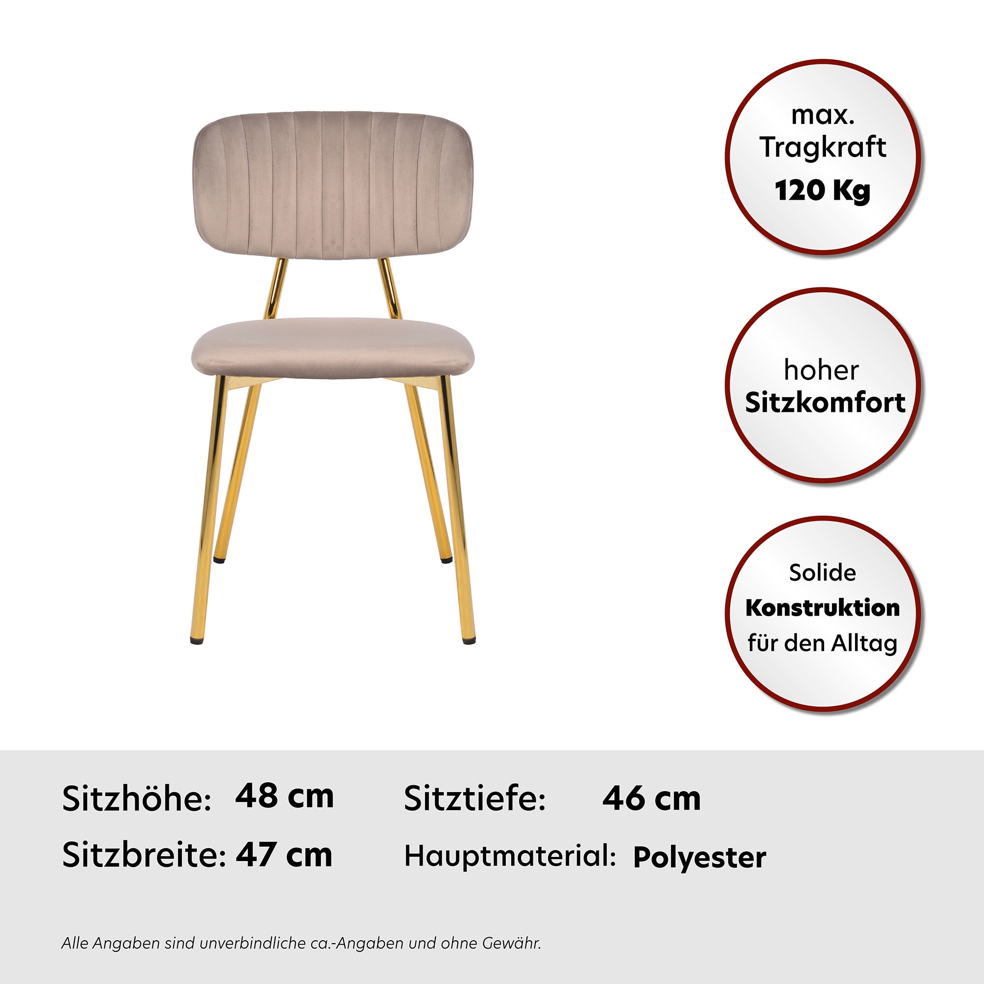 Kayoom Polsterstuhl »Stuhl Giselle 125 2er-Set, pflegeleichter Samtbezug«, (Set), 2 St., mit Armlehnen, goldenes Gestell aus Edelstahl, Samtbezug, Ziernähte