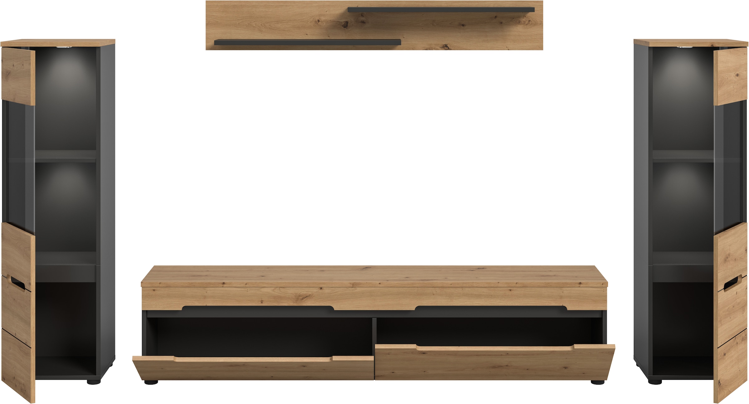 INOSIGN Wohnwand »REHAT, TOPSELLER!, 4-teilig, inkl. Beleuchtung, stehend oder hängend« Set bestehend aus: 2x Vitrine inkl. Beleuchtung, Lowboard & Wandboard, 4 Stk. tlg.