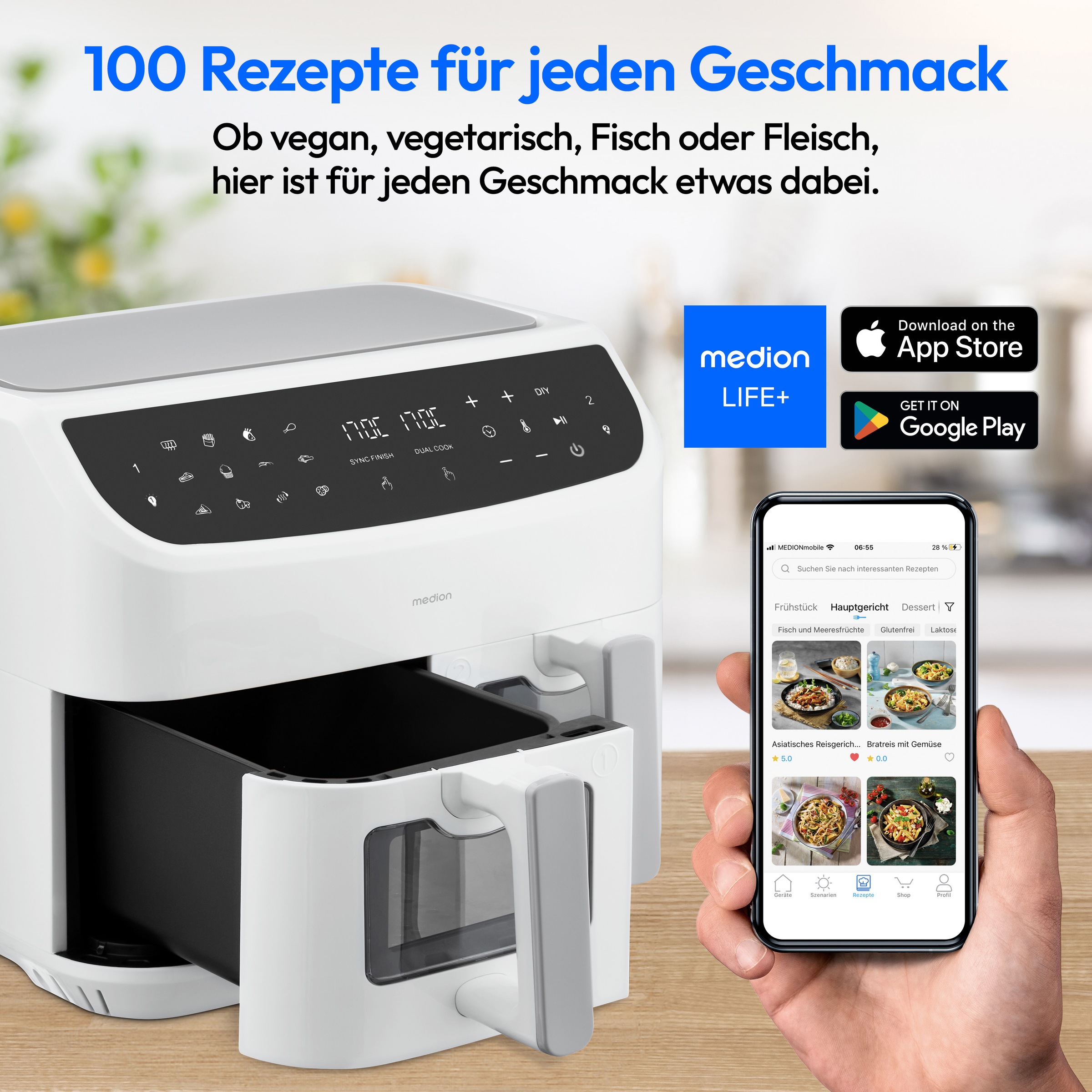 Medion® Heißluftfritteuse »P20 XL (MD 11760) 8,7 L Korbvolumen, 9 Automatikprogramme, Dual Cook«, 2400 W, Temperatur 50 - 200 °C, ILAG Beschichtung, Sync-Finish