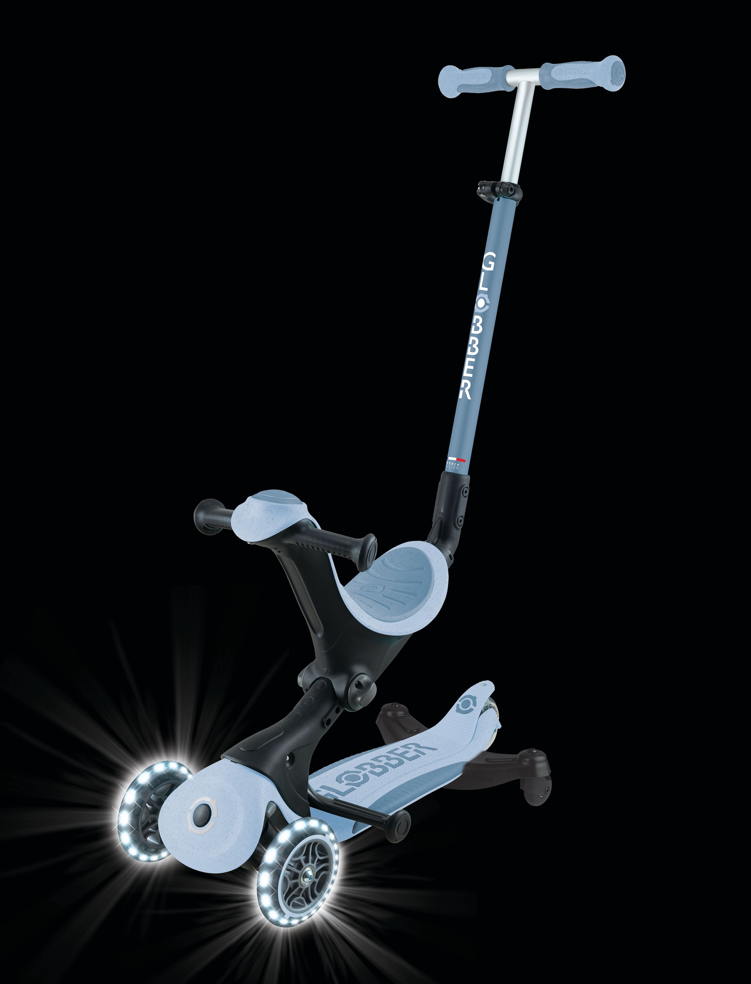 Globber Tretroller »GO-UP DELUXE LIGHTS ECO 360, mit Leuchtrollen« Aufsitzrad mit Schubstange, Laufrad und Scooter
