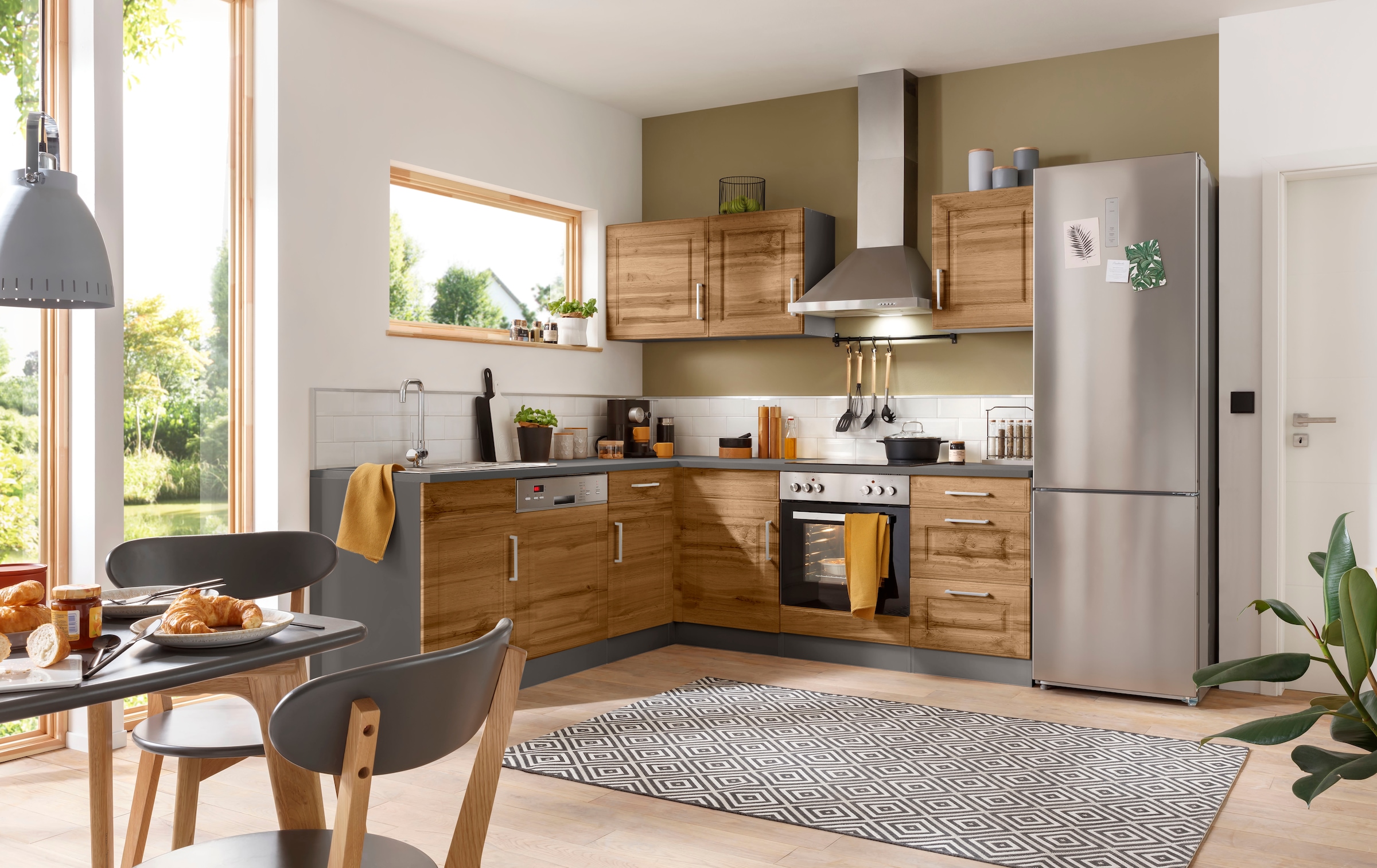 KOCHSTATION Winkelküche »KS-Stockholm«, Stellbreite 220/220 cm, mit hochwertigen MDF Fronten im Landhaus-Stil