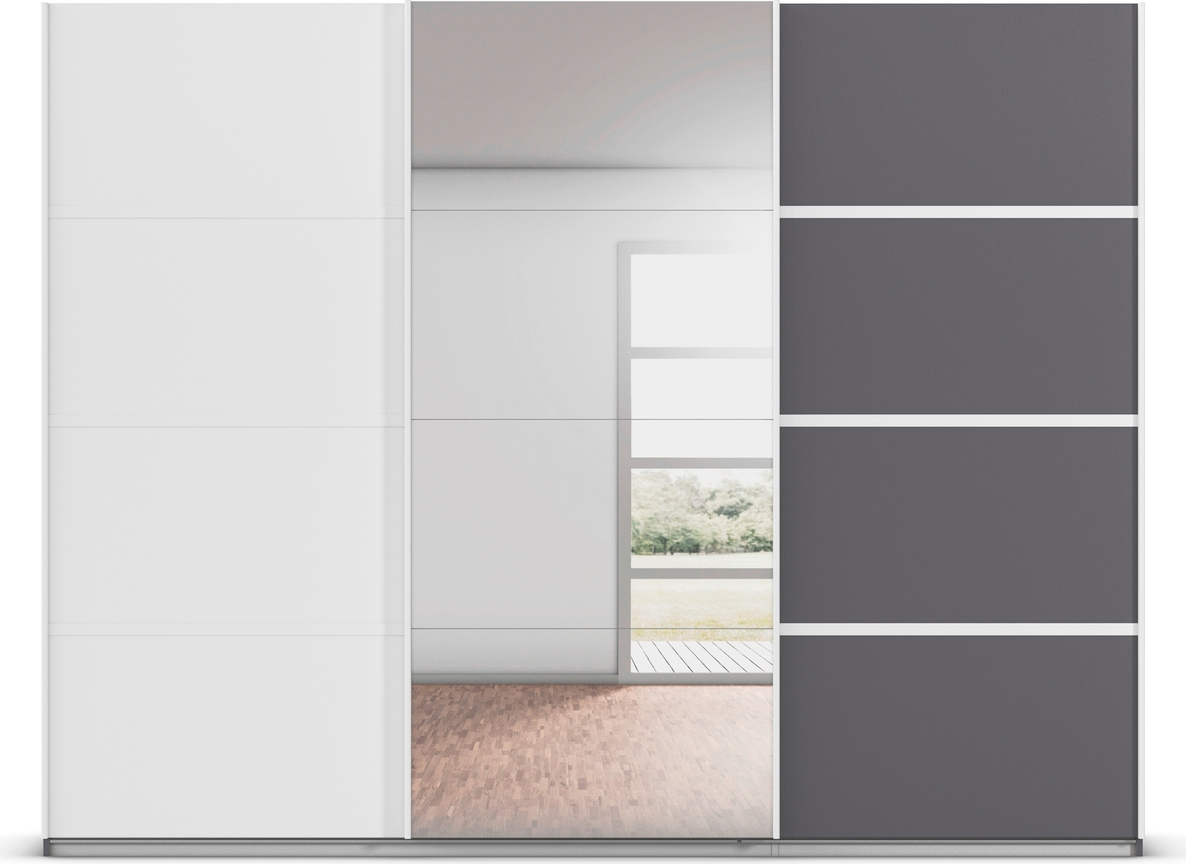 rauch Kleiderschrank »Schwebetürenschrank OTTO´s Choice Garderobe Schrank TOP ANGEBOT Avola«, (in 3 verschiedenen Ausstattungen BASIC/CLASSIC/PREMIUM inkl. Spiegel), mit eleganten Zierleisten in Chrom, Schwarz oder Weiß MADE IN GERMANY