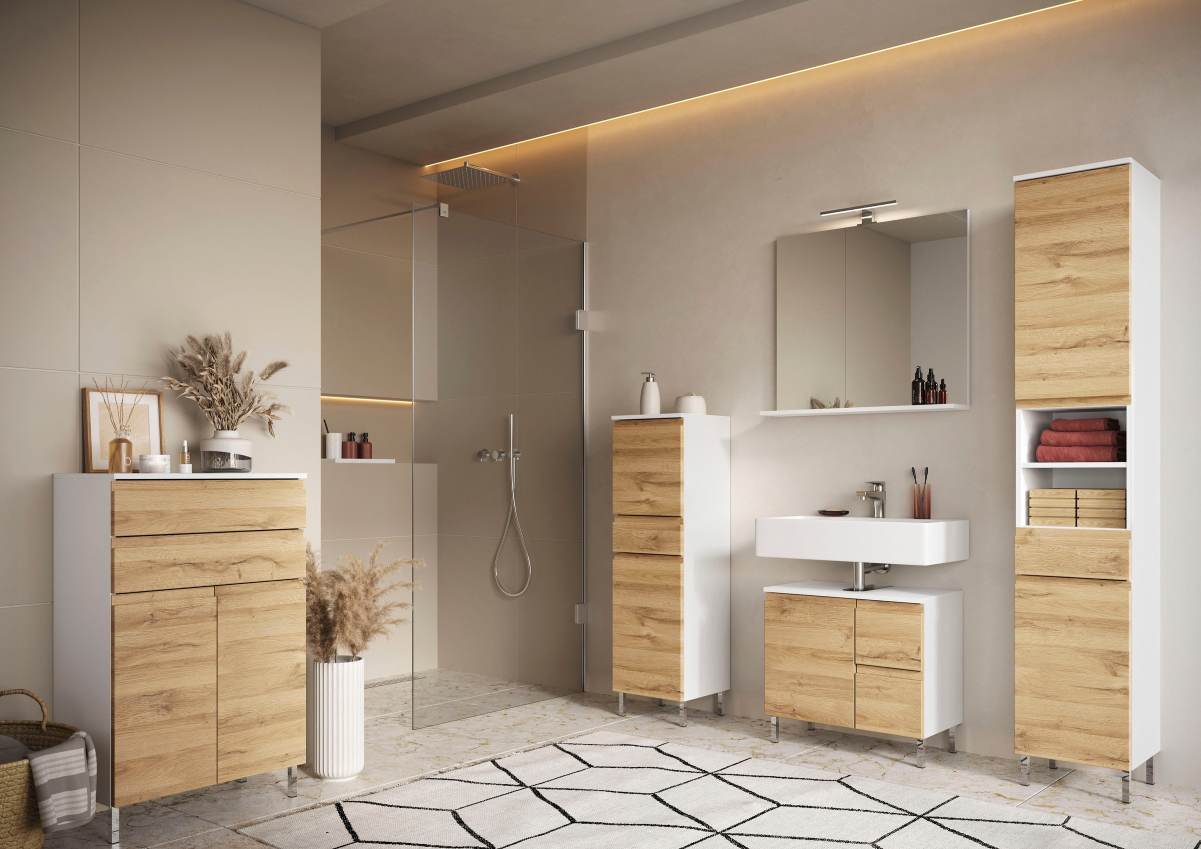 GERMANIA Badmöbel-Set »Torrance«, (4 St.), Unterschrank, Spiegelschrank mit Beleuchtung, Kommode und Hochschrank