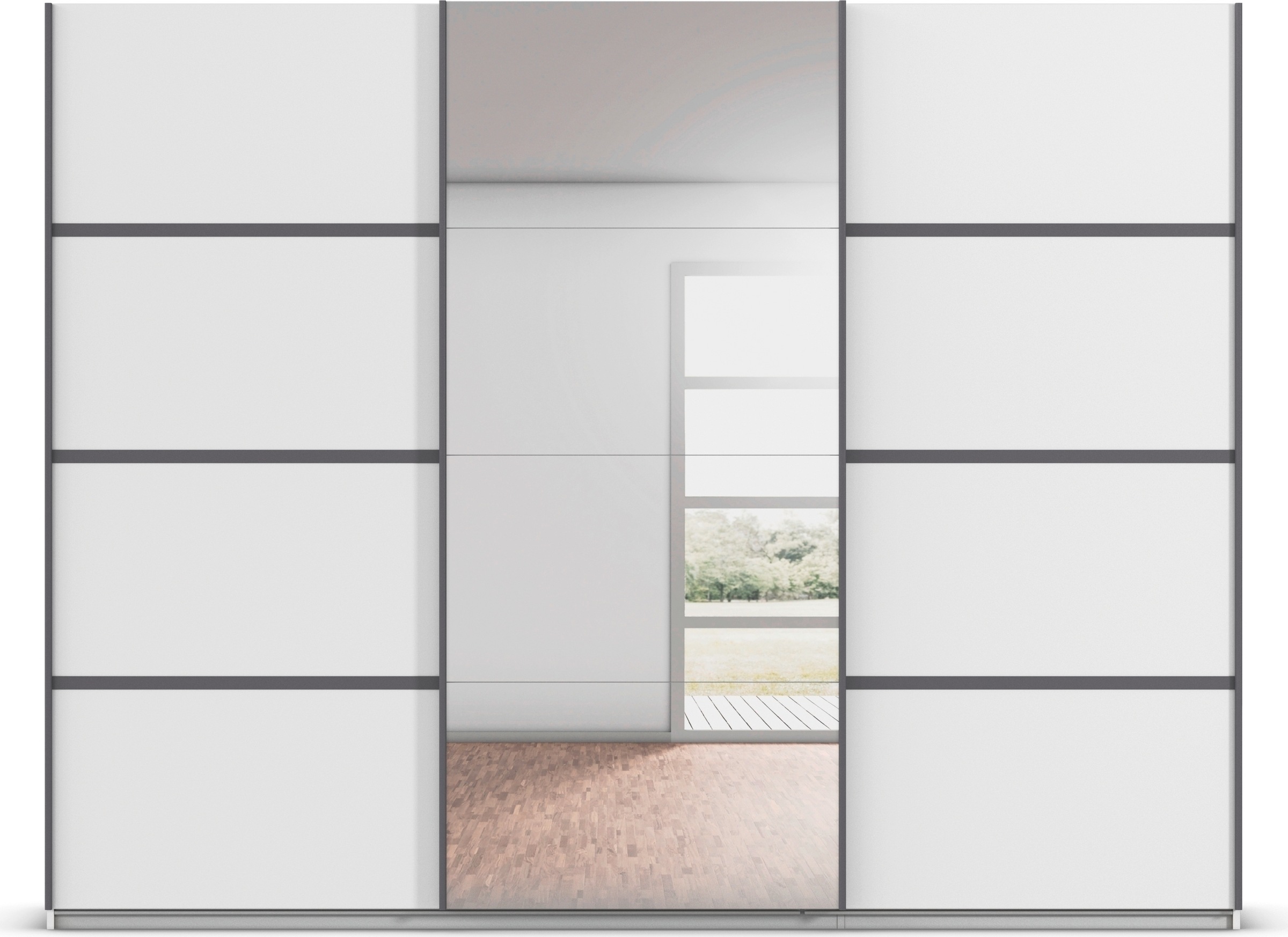 rauch Kleiderschrank »Schwebetürenschrank OTTO´s Choice Garderobe Schrank TOP ANGEBOT Avola«, (in 3 verschiedenen Ausstattungen BASIC/CLASSIC/PREMIUM inkl. Spiegel), mit eleganten Zierleisten in Chrom, Schwarz oder Weiß MADE IN GERMANY