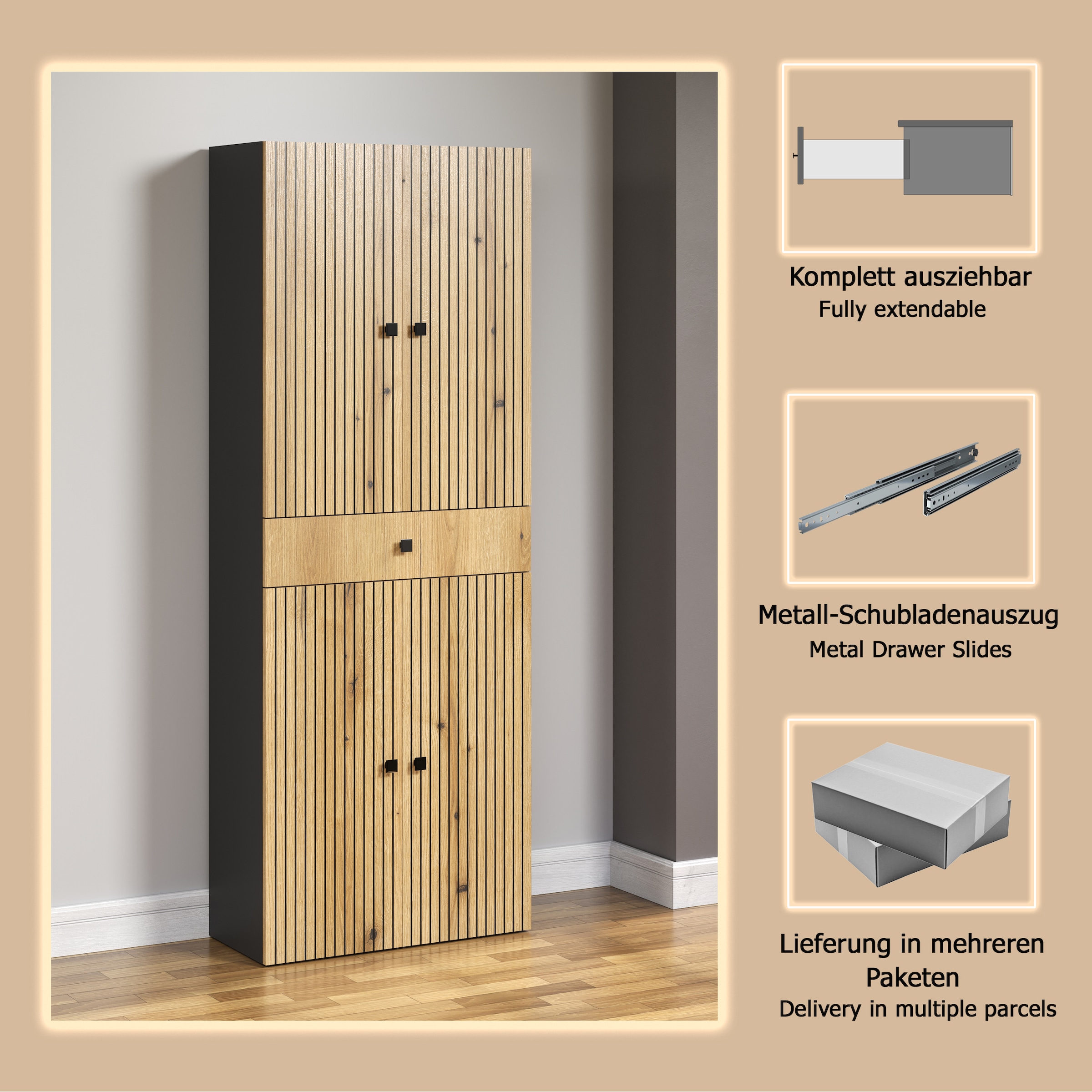 welltime Hochschrank »Amrum«, Badezimmerschrank mit und ohne Schublade - (B/T/H) 40-70/31/186 cm