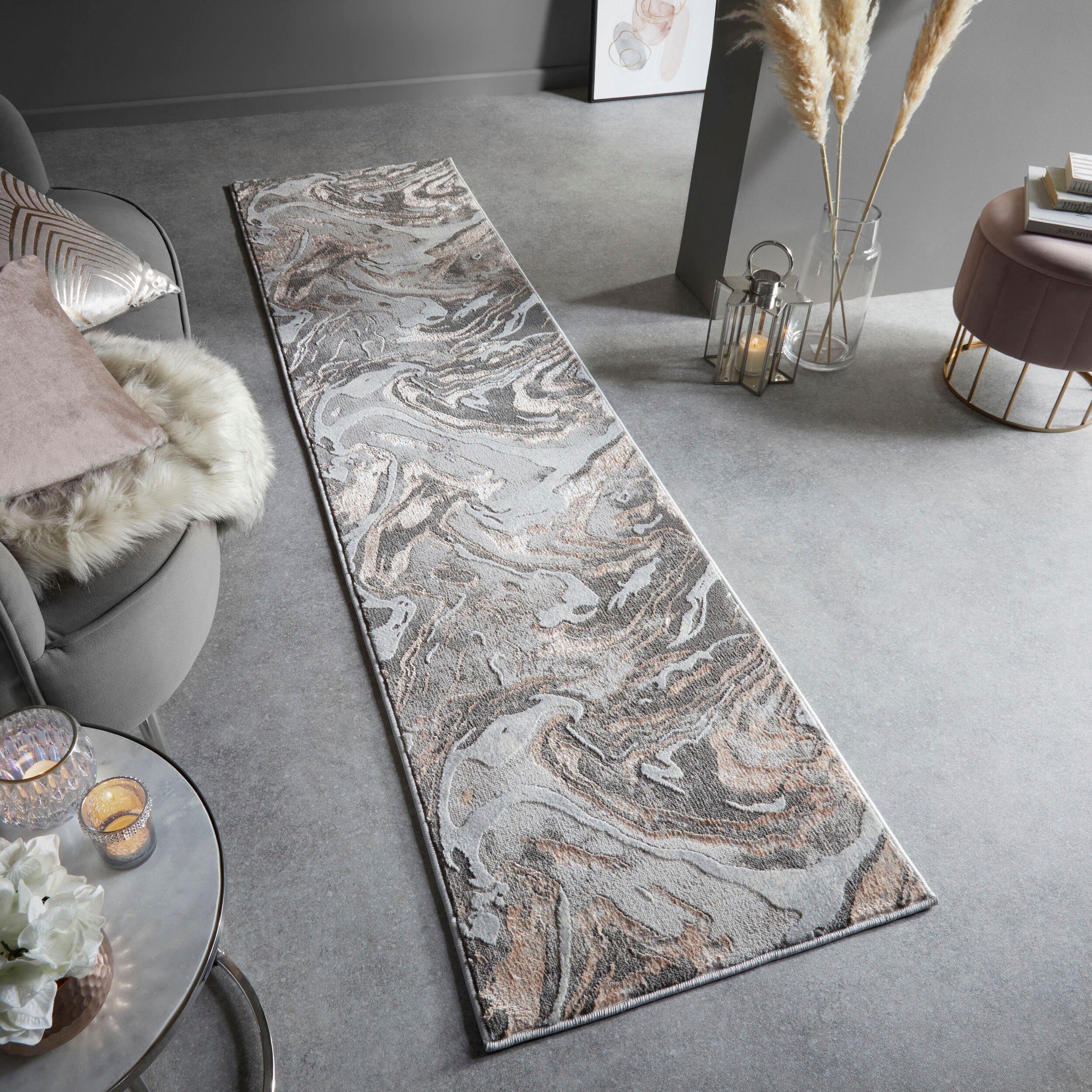 FLAIR RUGS Läufer »Marbled«, rechteckig, 12 mm Höhe, dezenter Glanz, mehrfarbig, modernes Marmor-Design, Teppichläufer