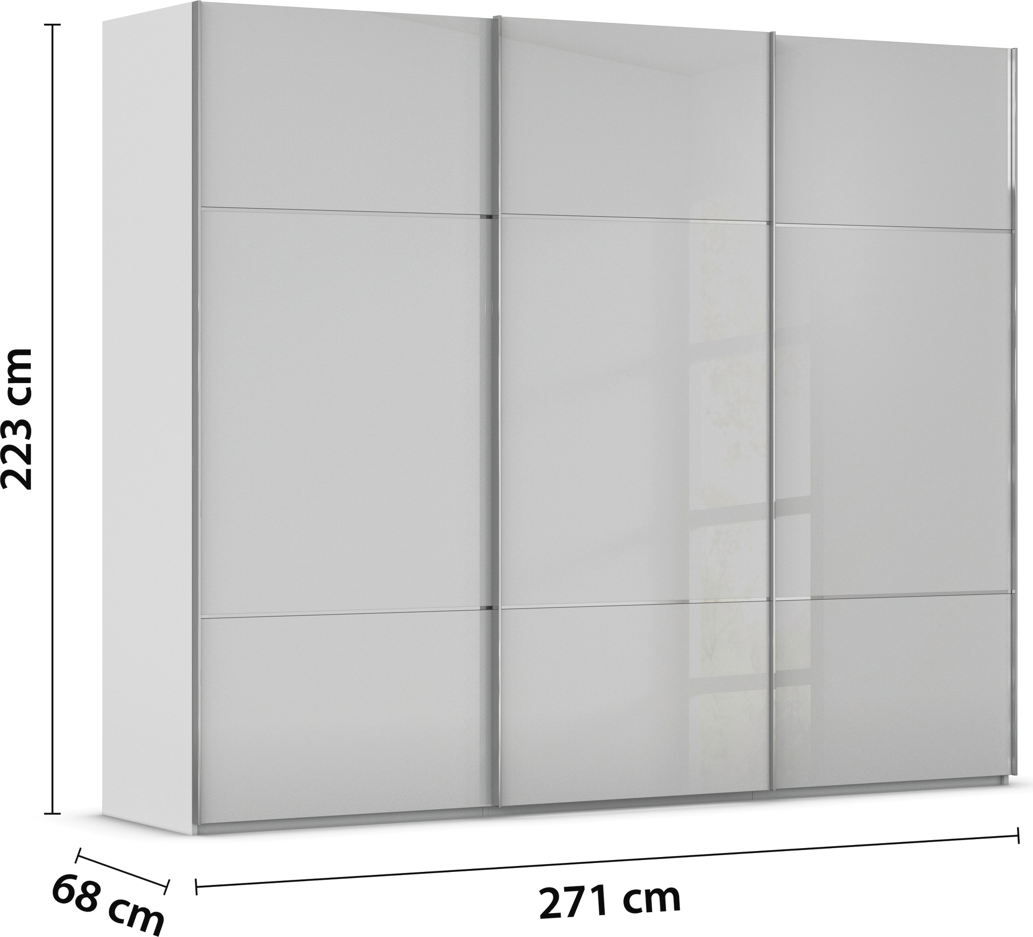 rauch Schwebetürenschrank »Kleiderschrank Schrank Garderobe Schlafzimmerschrank SCALE-TRIO«, edle dreigeteilte Front mit 2 Zierleisten Glasfront MADE IN GERMANY