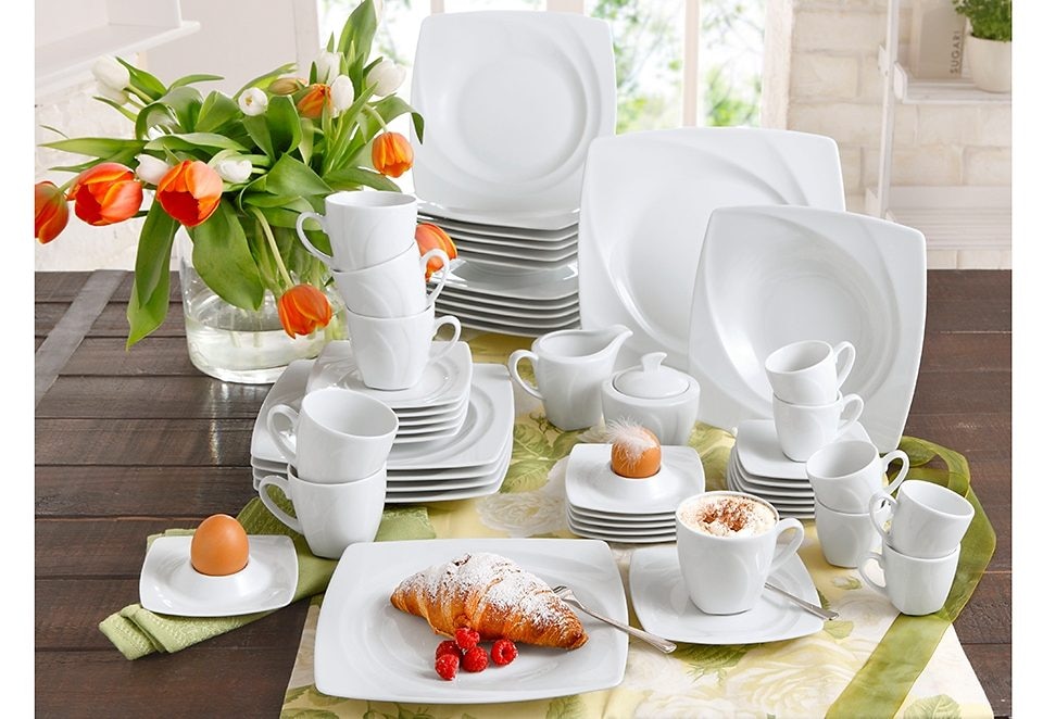 CreaTable Kombiservice »Geschirr-Set Celebration«, (50 für bestellen Set, tlg., Service, 6 außergewöhnliche Tafelservice auf Geometrie, Personen), 6 weiß, Rechnung und Personen für Teile, im Kaffeeservice 50