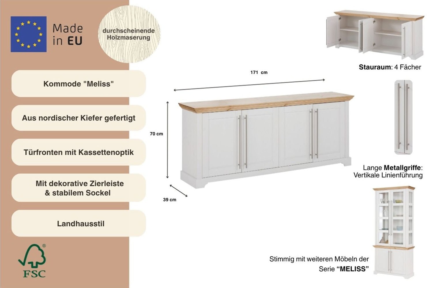 OTTO home Kommode »Melissa« aus massiver Kiefer, FSC® zertifiziert, 4-türig, Breite 171 cm