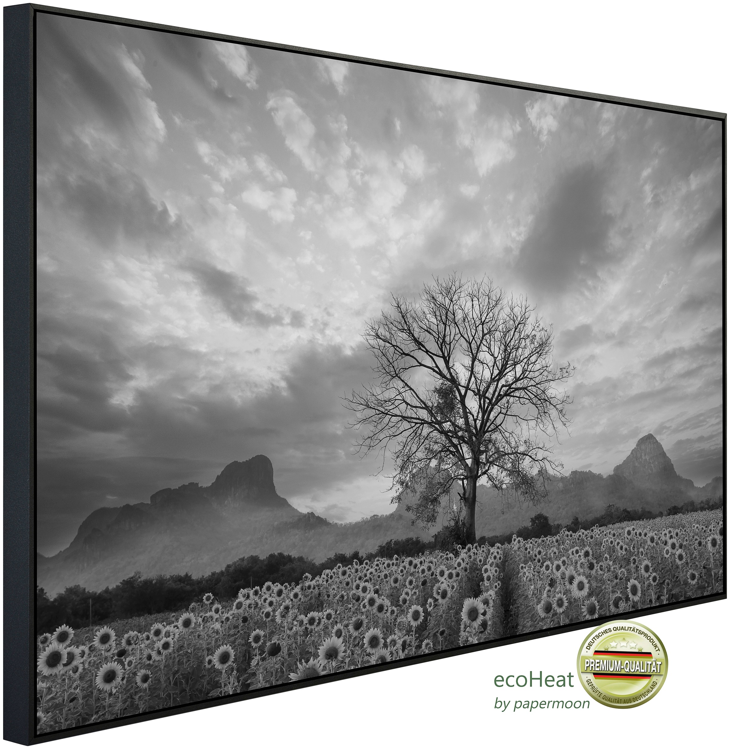Papermoon Infrarotheizung »Sonnenblumenfeld mit Baum Schwarz & Weiß«, sehr günstig online kaufen