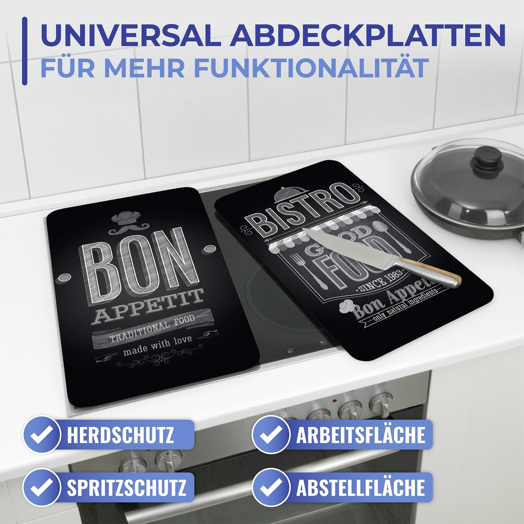 Maximex Herd-Abdeckplatte »Universal Modell Bon Appetit«, (Set, 2 tlg.), Herdabdeckung für alle Herdarten, kratzfest, mit rutschfesten Füßen