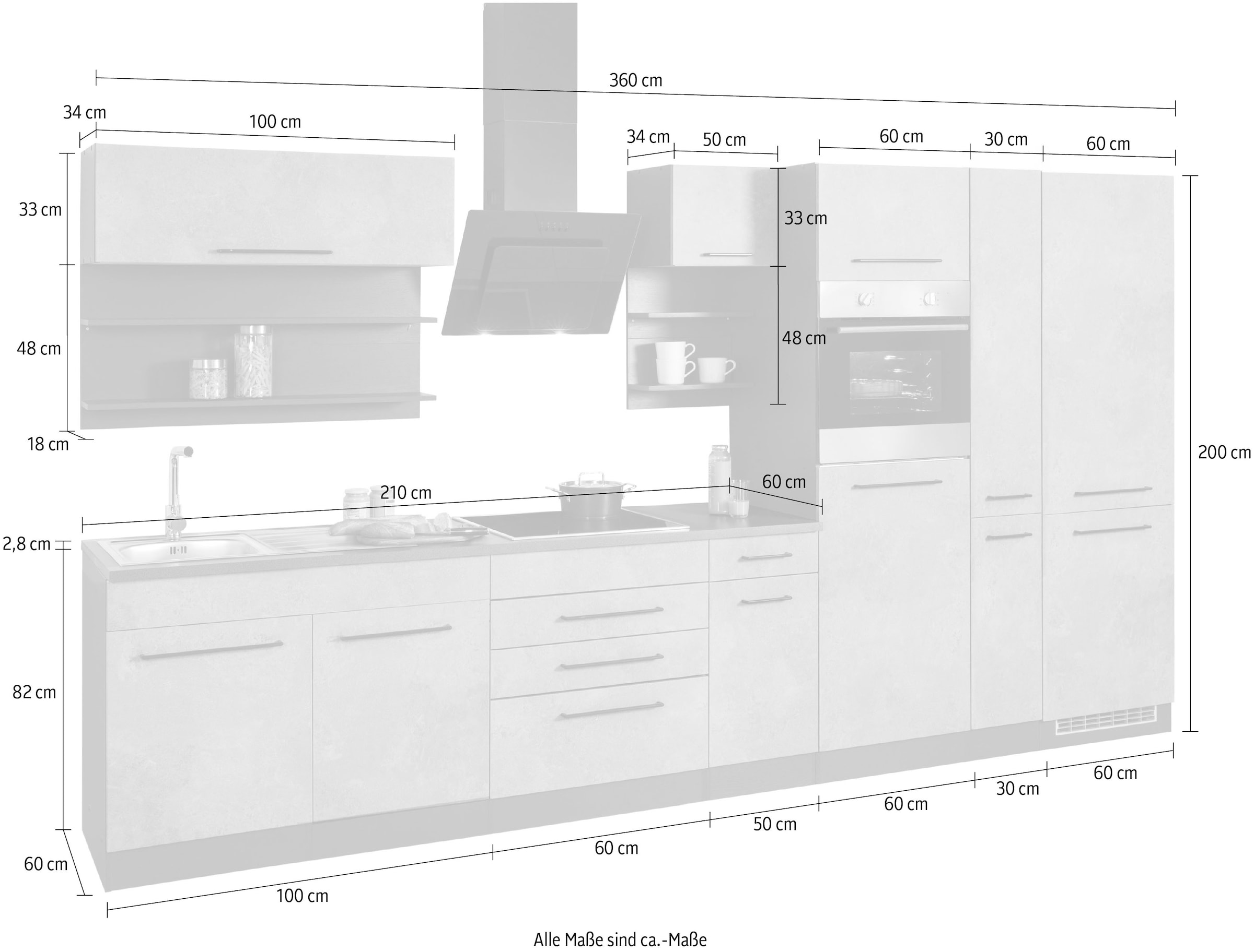 KOCHSTATION Küchenzeile »KS-Tulsa«, mit E-Geräten, Breite 360 cm, schwarze Metallgriffe, MDF Fronten