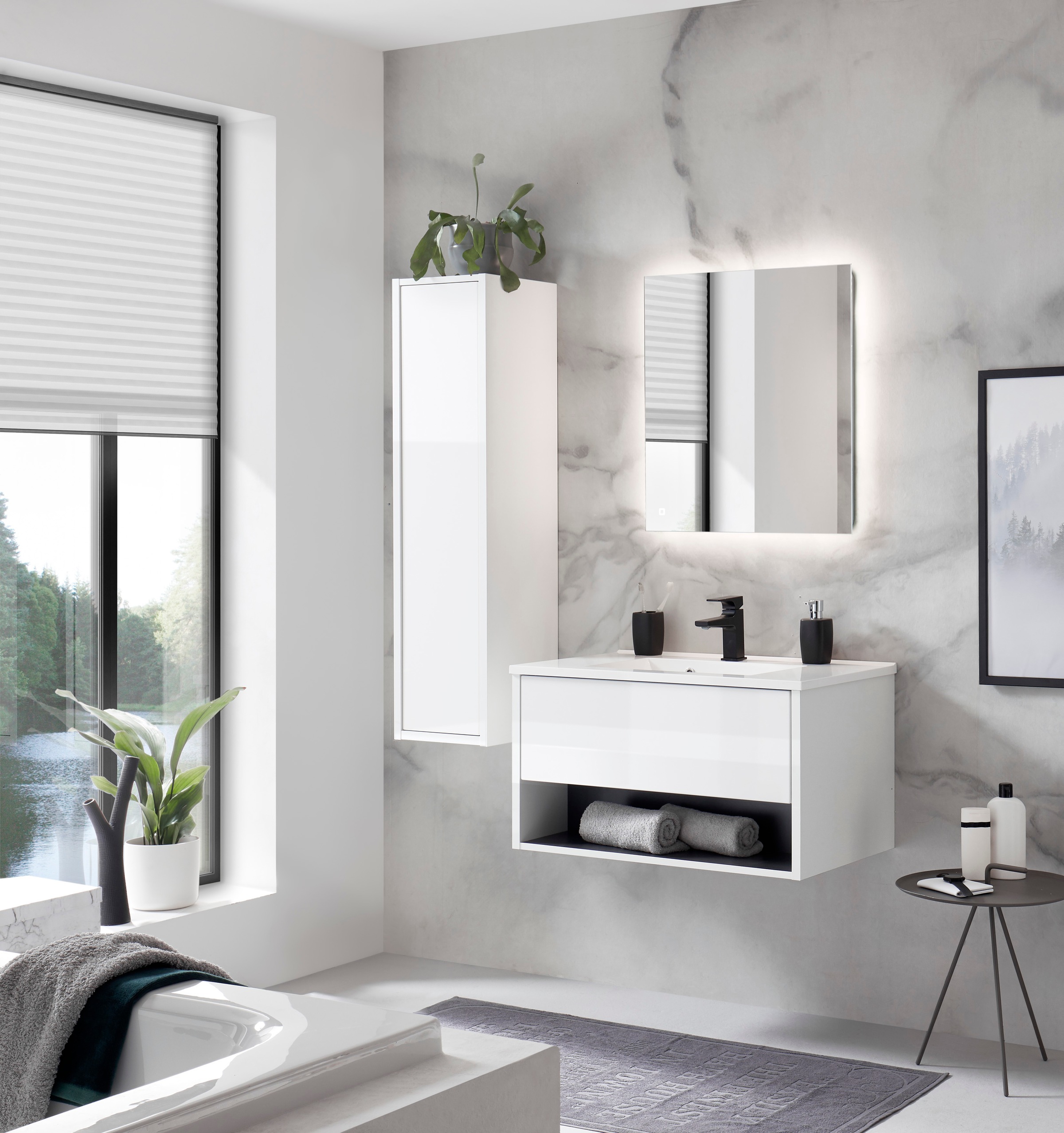 Places of Style Badmöbel-Set »Studio Line, Bad im modernen Design, 3-teiliges Badezimmer«, (3 St.), Schrank, Waschtisch und Spiegel, in zwei Farben verfügbar, Stauraum