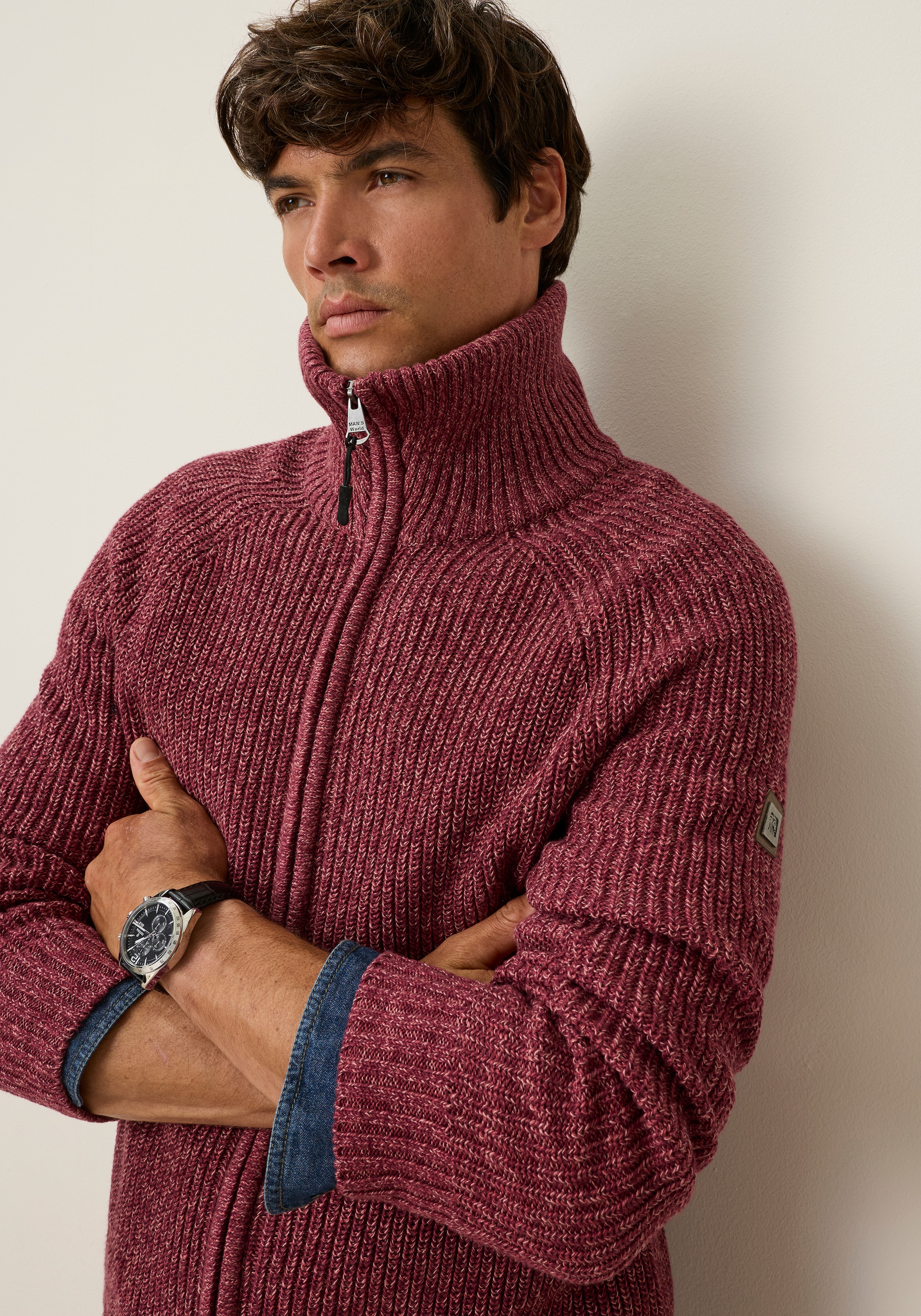 Man's World Strickjacke »Mit Stehkragen & Reißverschluss melierte Optik« regular fit, mit Raglanärmeln