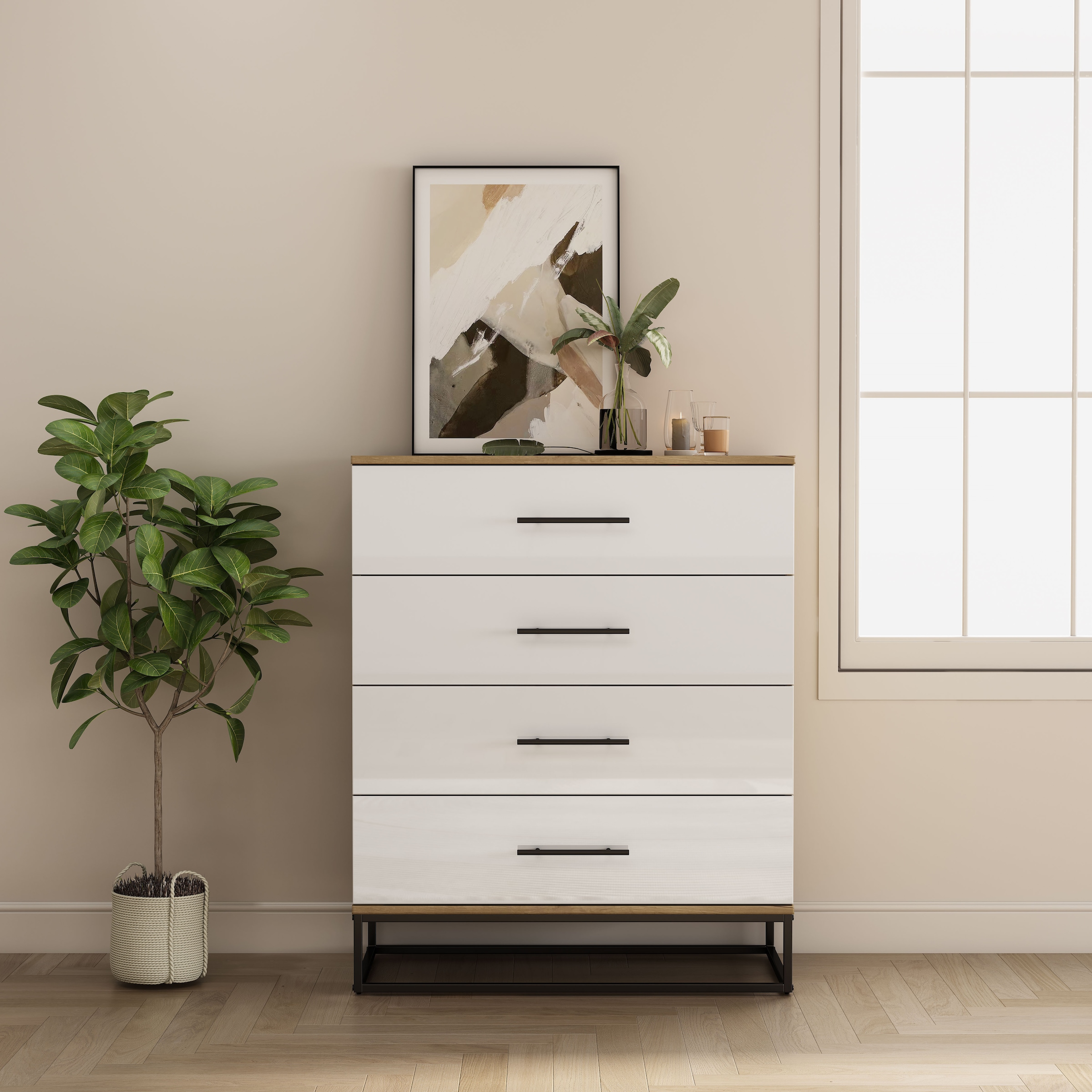 OTTO home Schubkastenkommode »Lucca Sideboard mit schwarzen Griffen 4 Schubladen Kufengestell« Hochwertige Hochglanzfronten in weiß, 
