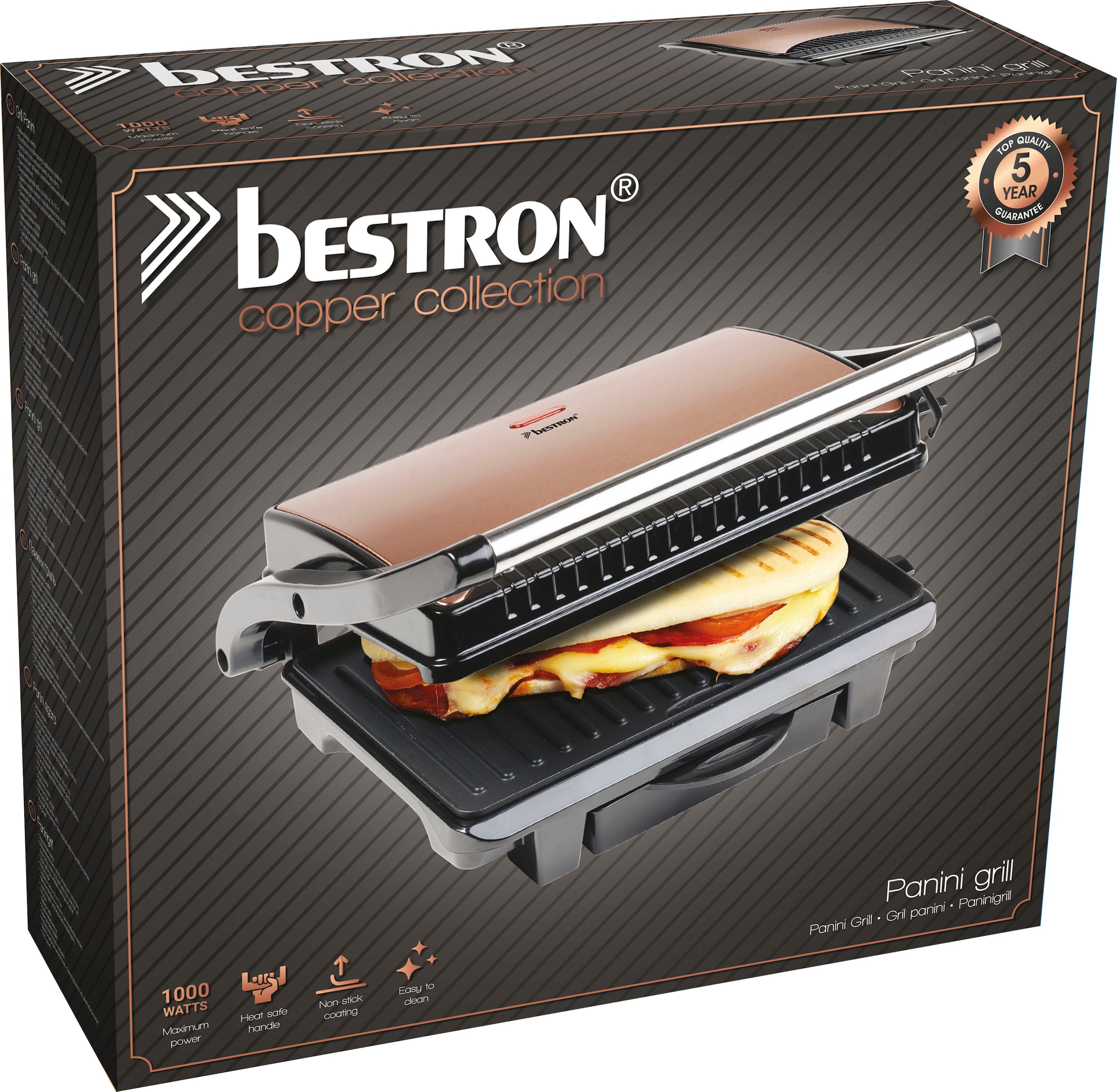 bestron Kontaktgrill »ASW113CO auch als Sandwich-/Panini-Kontaktgrill einsetzbar«, 1000 W, antihaftbeschichtet, mit Auffangschale, Kupfer