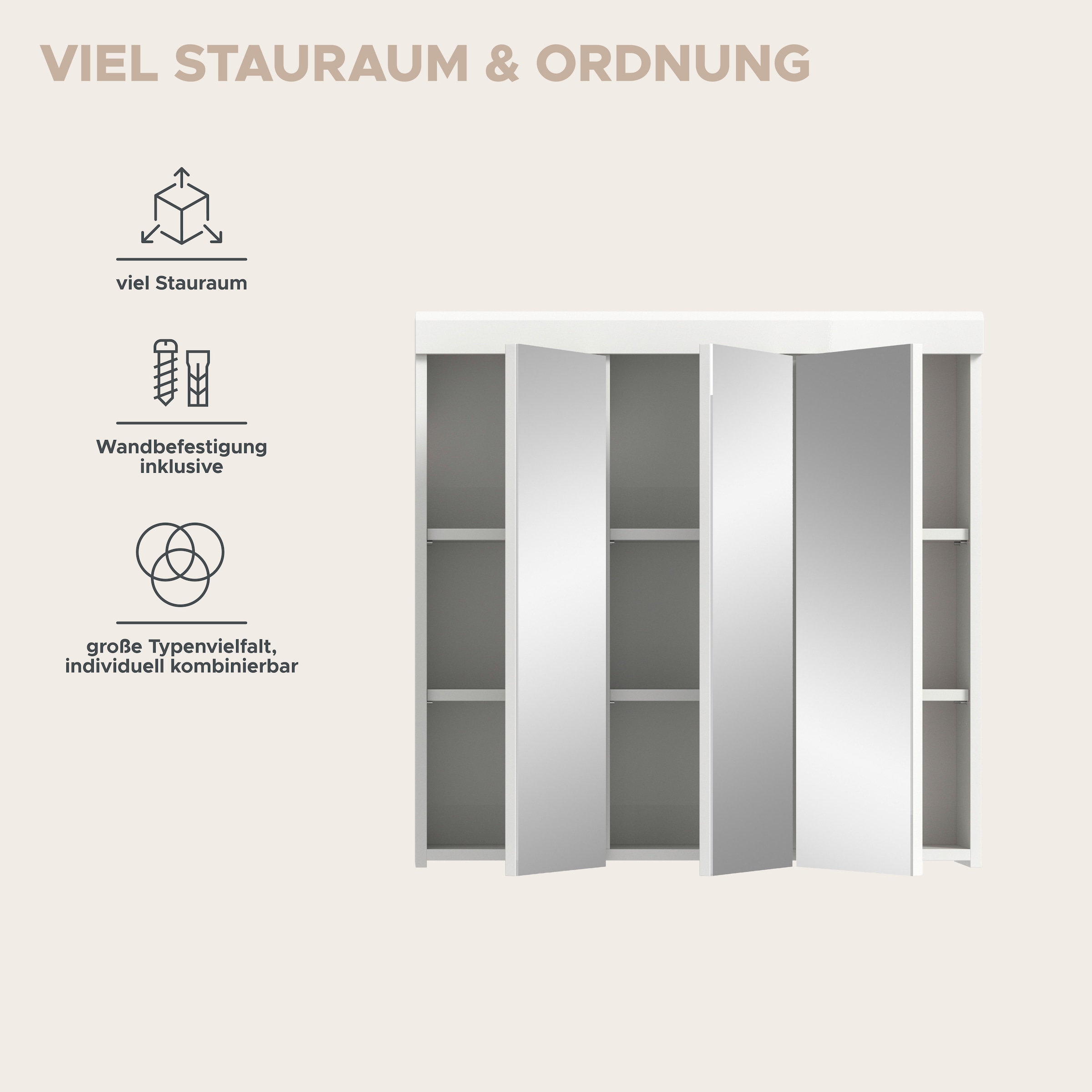 welltime Badezimmerspiegelschrank »SIENA, Breite 80 cm, 3 Spiegeltür, 6 Einlegeböden, 9 Fächer« Badmöbel, Badschrank, Schrank, Bad, Spiegel, Hängespiegel, Badspiegel