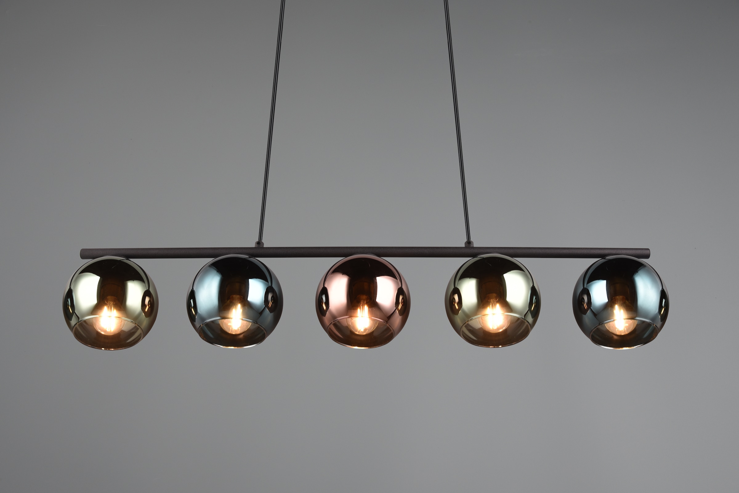 REALITY Leuchten Pendelleuchte »SHELDON, Hängelampe 5-flammig exkl 5x E14 max 10W höhenverstellbar«, 5 flammig, Leuchtmittel E14 | Leuchtmittel wechselbar, Metall Hängeleuchte mit bunten Glasschirmen Lampe Esszimmer Wohnzimmer