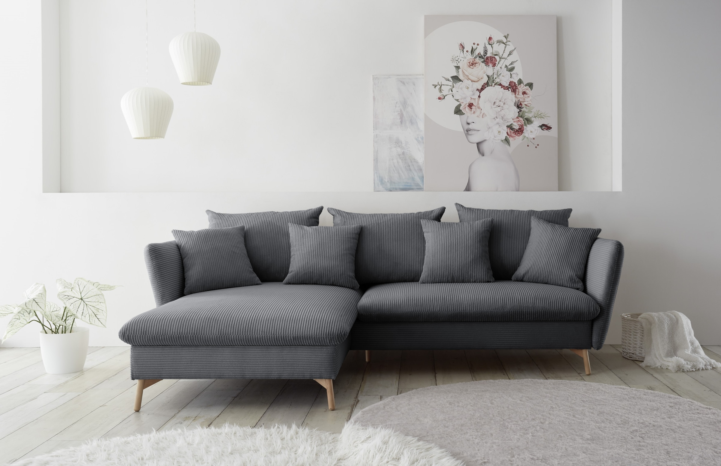 OTTO home Ecksofa »MERLE, 258 cm, L-Form, traumhafter Cord,« mit Bettfunktion und Bettkasten, Liegefläche 224 x 139
