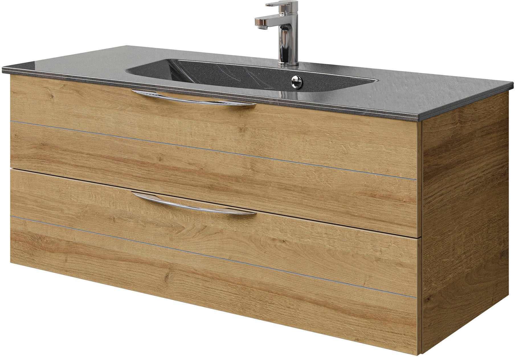 Saphir Badmöbel-Set »Serie 6025 2-teilig Mineralmarmor-Waschtisch mit LED-Spiegelschrank«, (2 St.), Waschplatz 117cm breit, 2 Schubladen, 3 Spiegel-Türen, inkl Türdämpfer