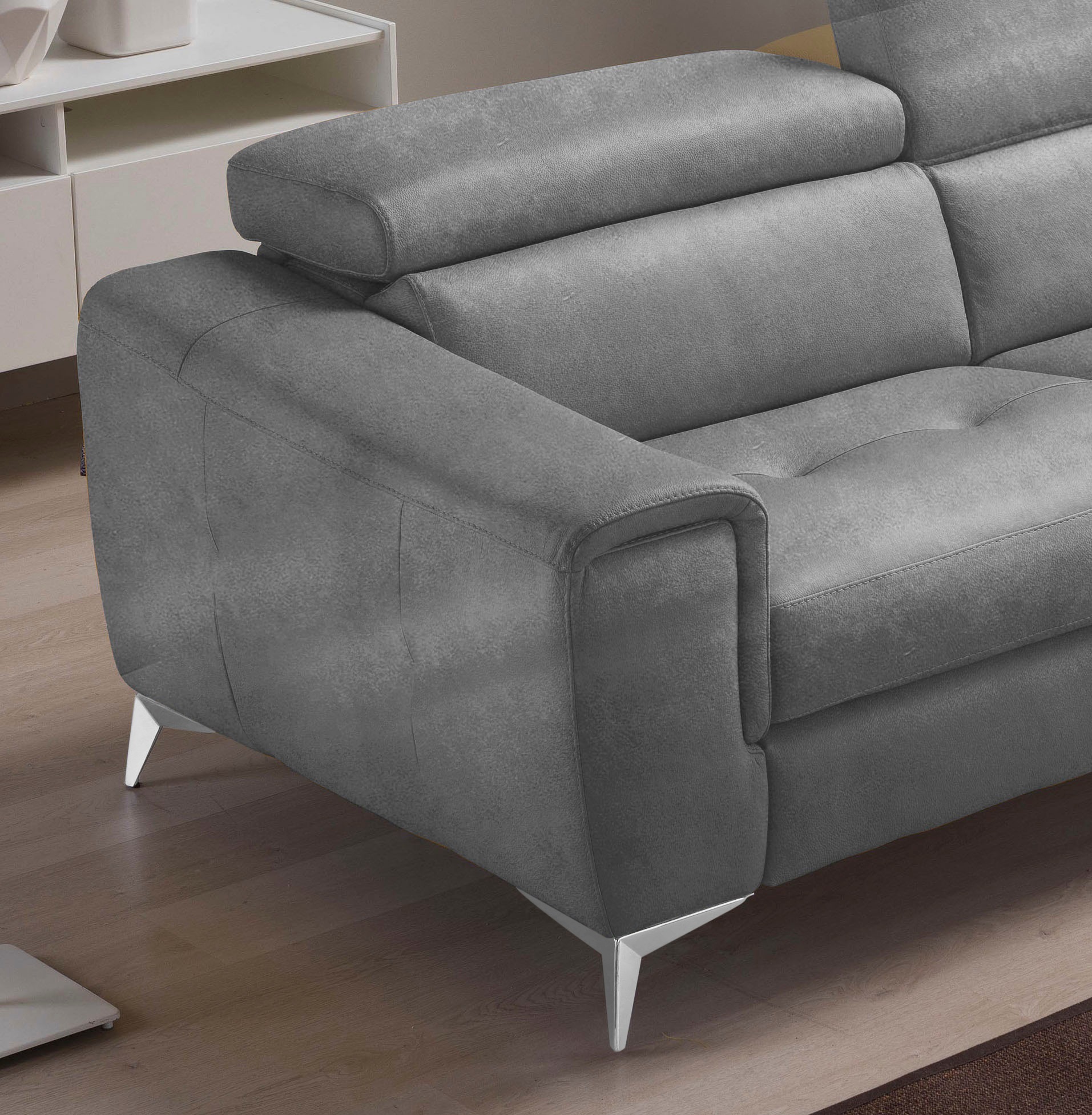Egoitaliano 2,5-Sitzer »Francine, Designsofa, Loungesofa, Breite 213 cm, Fußfarbe chrom«, Designfuß, Luxus-Microfaser Lederoptik, steingrau