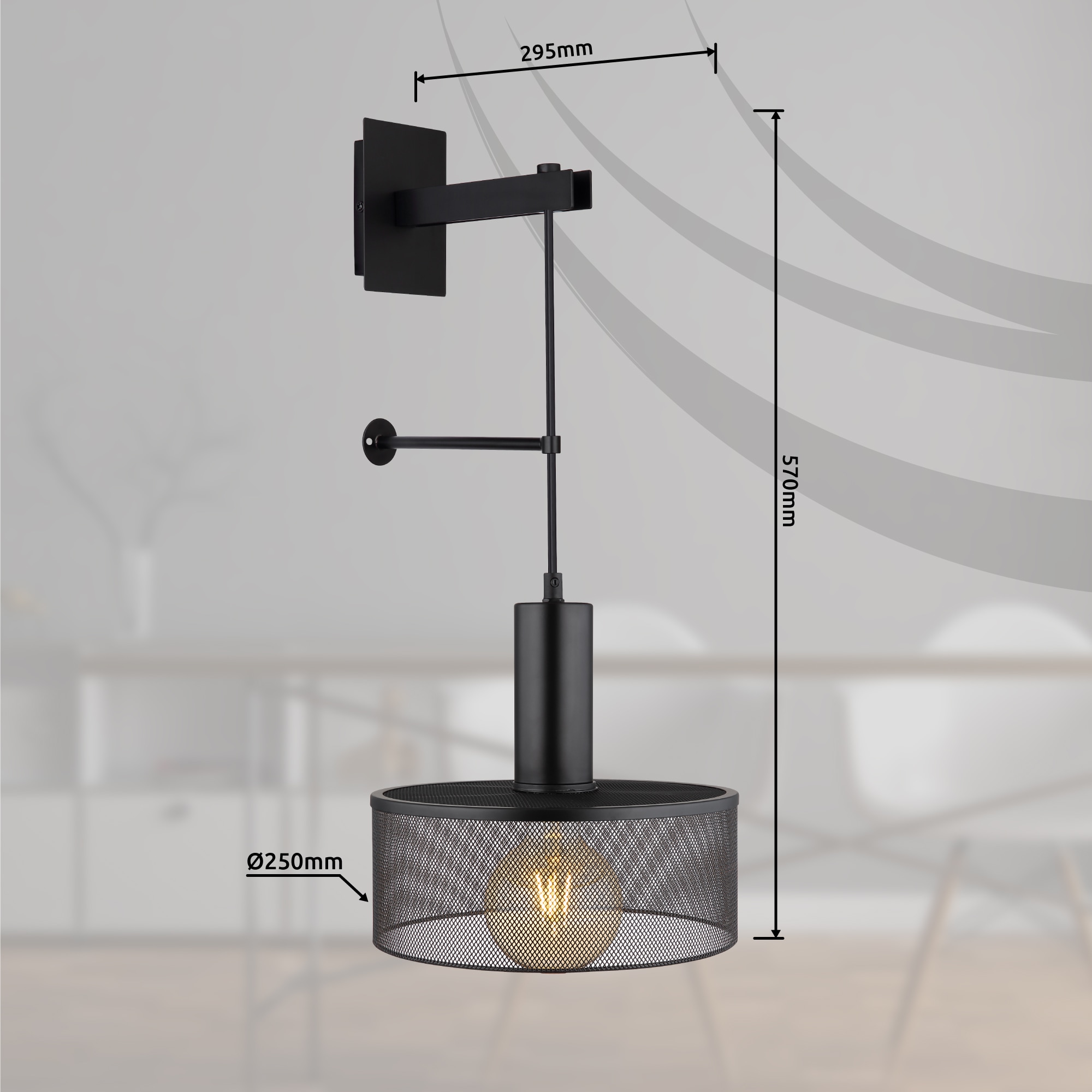 GLOBO LIGHTING Wandleuchte »JEDD«, Leuchtmittel E27 | ohne Leuchtmittel, Wandlampe/Metallgeflecht/schwarz/Wohnzimmer/Flur/inkl. Anschlusskabel