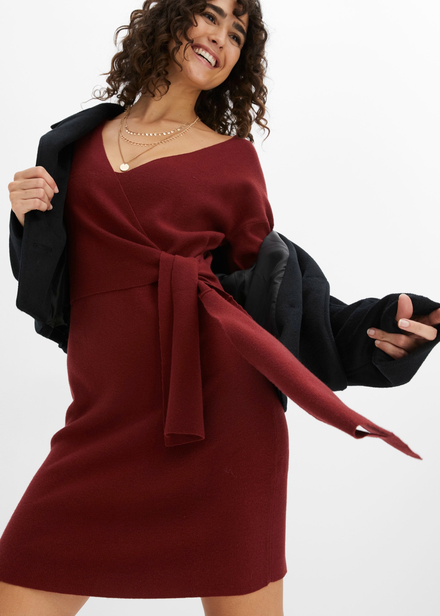 bonprix Strickkleid in Wickeloptik, mit V-Ausschnitt, slim fit