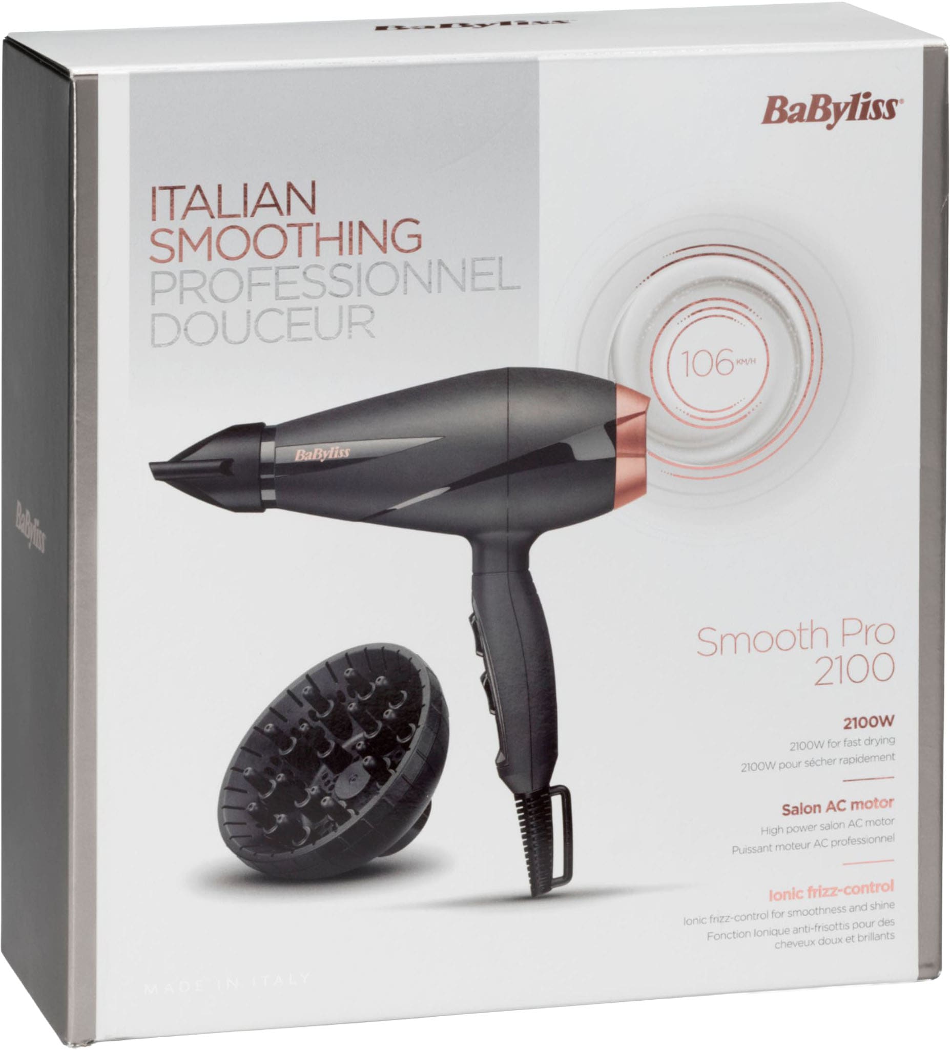 BaByliss Ionic-Haartrockner »BaByliss Smooth Pro 2100 Haartrockner, 6709DE« 2.100 W 2 Aufsätze 2100W,  Fön mit Ionen-Technologie, Föhn  mit Diffusor für Locken