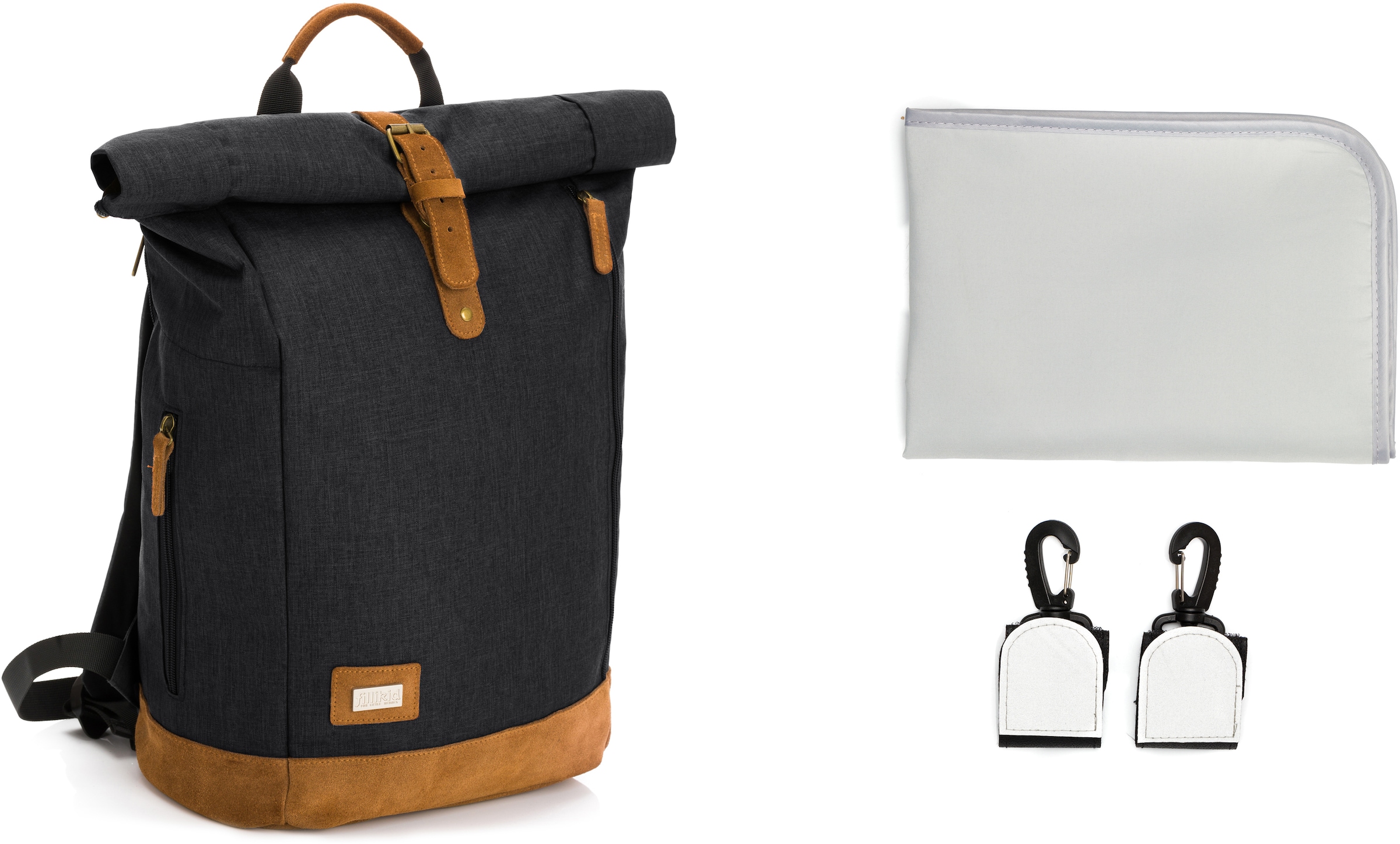 Fillikid Wickelrucksack »Rolltop Berlin, schwarz melange«, Reflektoren, inkl. Wickeltunterlage