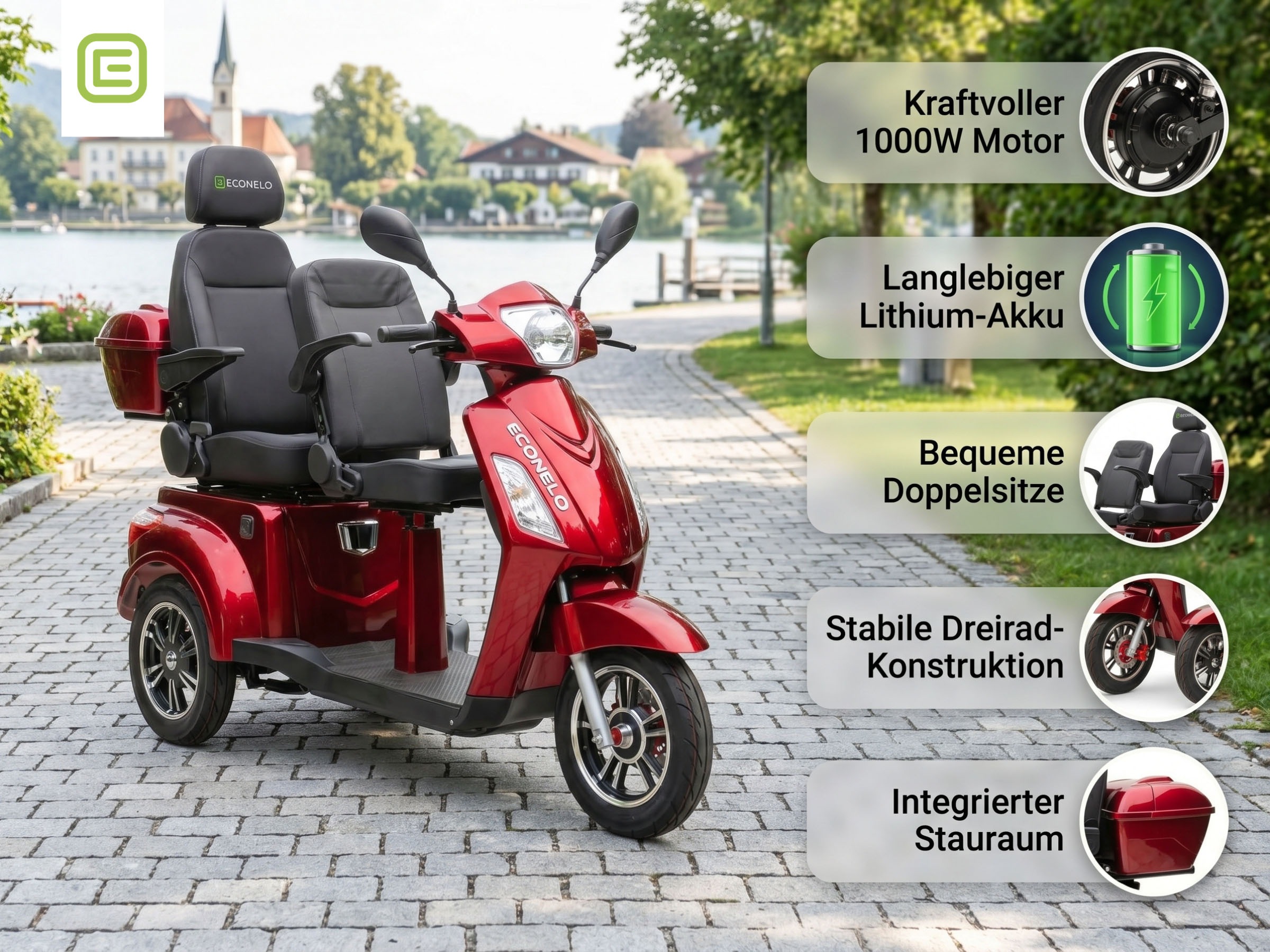 ECONELO Elektromobil 1.000 W 25 km/h Sicherheitsrollen gegen Kippen, 3 Geschwindigkeitsstufen