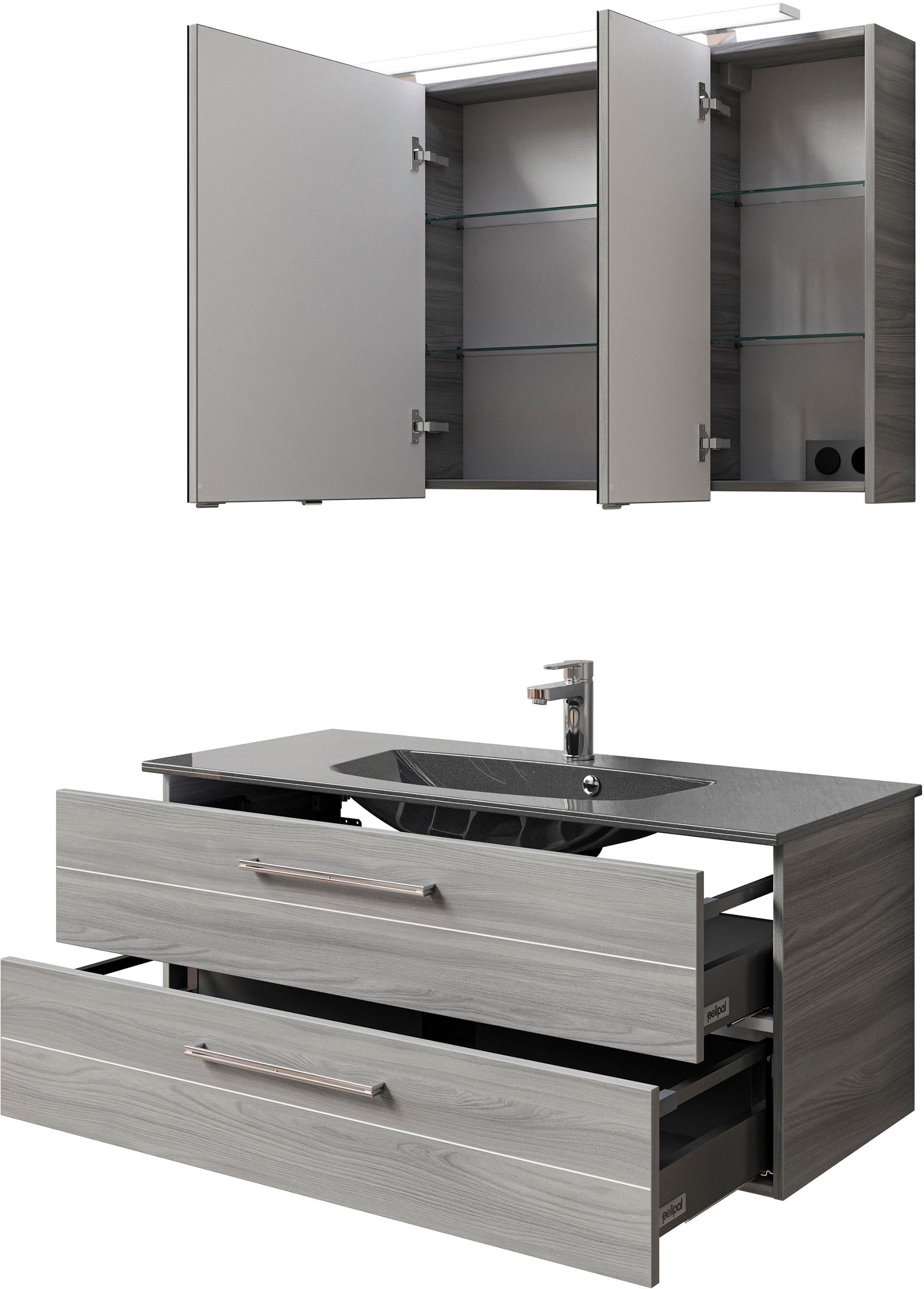 Saphir Badmöbel-Set »Serie 6025 2-teilig Mineralmarmor-Waschtisch mit LED-Spiegelschrank«, (2 St.), Waschplatz 117cm breit, 2 Schubladen, 3 Spiegel-Türen, inkl Türdämpfer