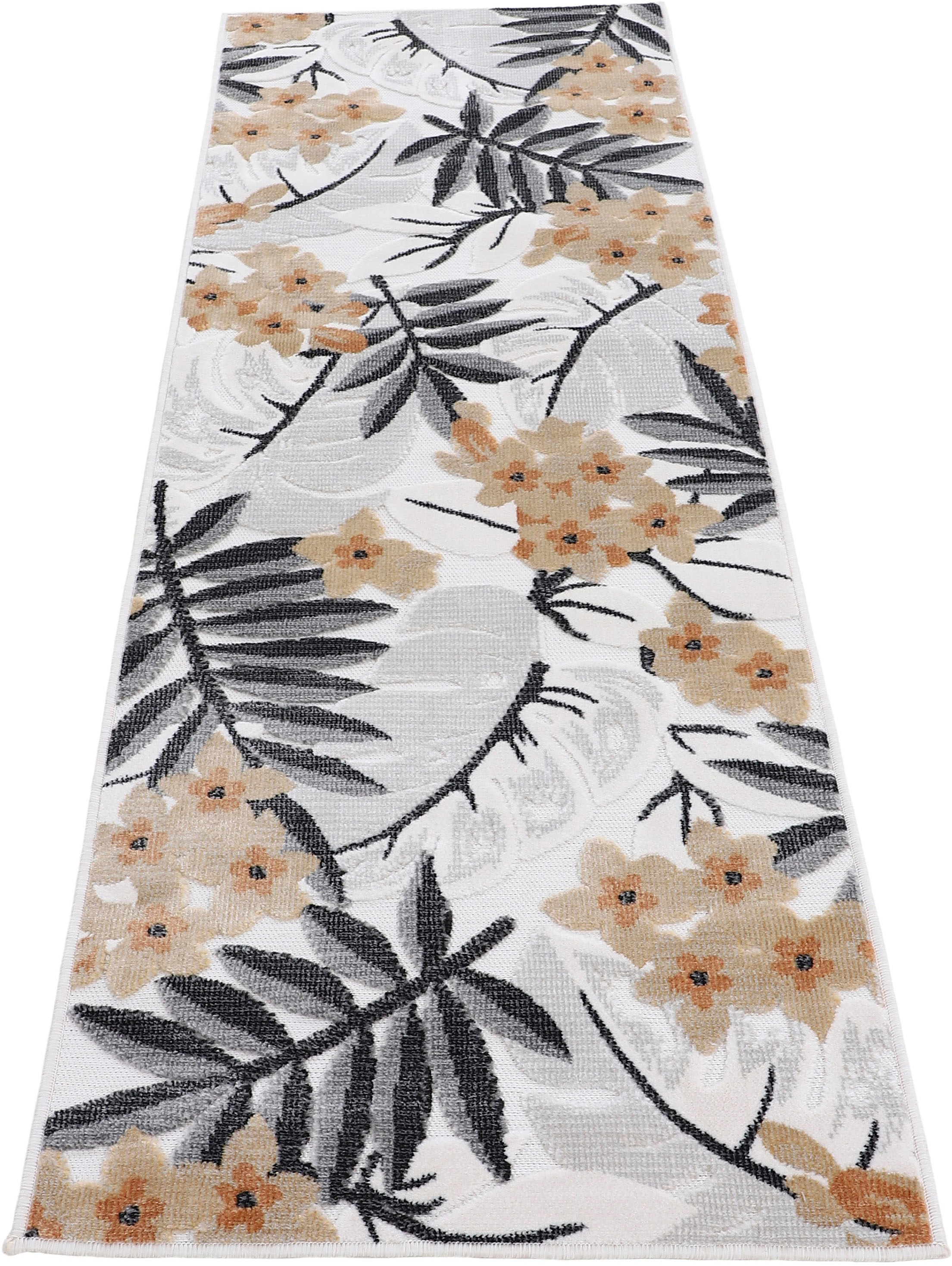 carpetfine Teppich »Deja 102«, rechteckig, 4 mm Höhe, robustes Flachgewebe, Motiv- Floral Palmenblätter, Hoch-Tief Effekt