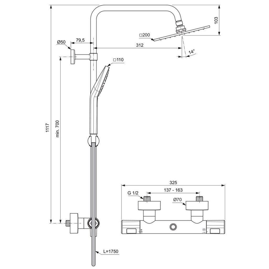 Ideal Standard Duschsystem »Ideal Standard CeraTherm T100«, mit Brausethermostat Aufputz, höhenverstellbar