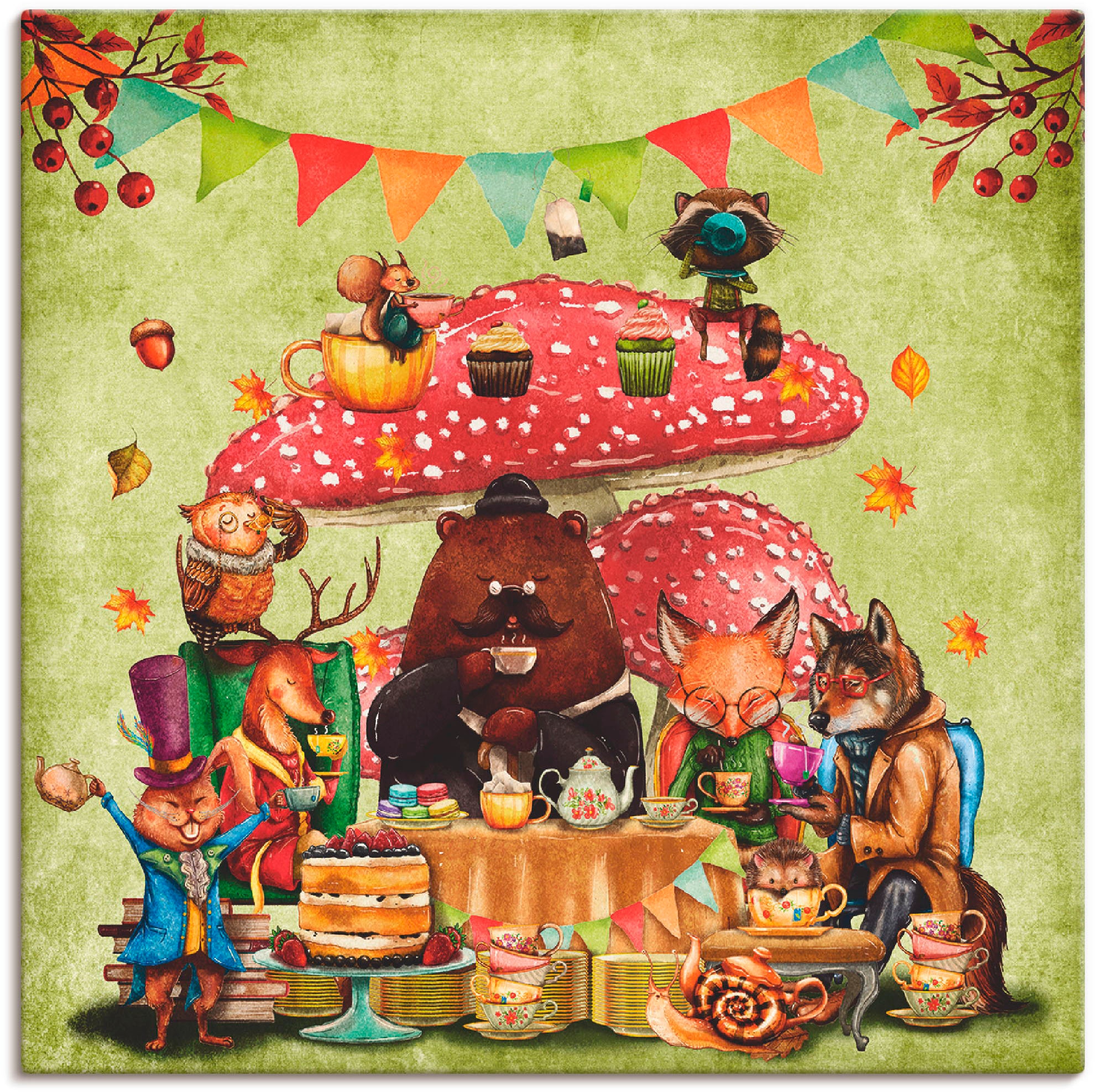 Artland Leinwandbild »Wald Freunde Fliegenpilz Teetrinken« Animal Fantasy 1 günstig online kaufen