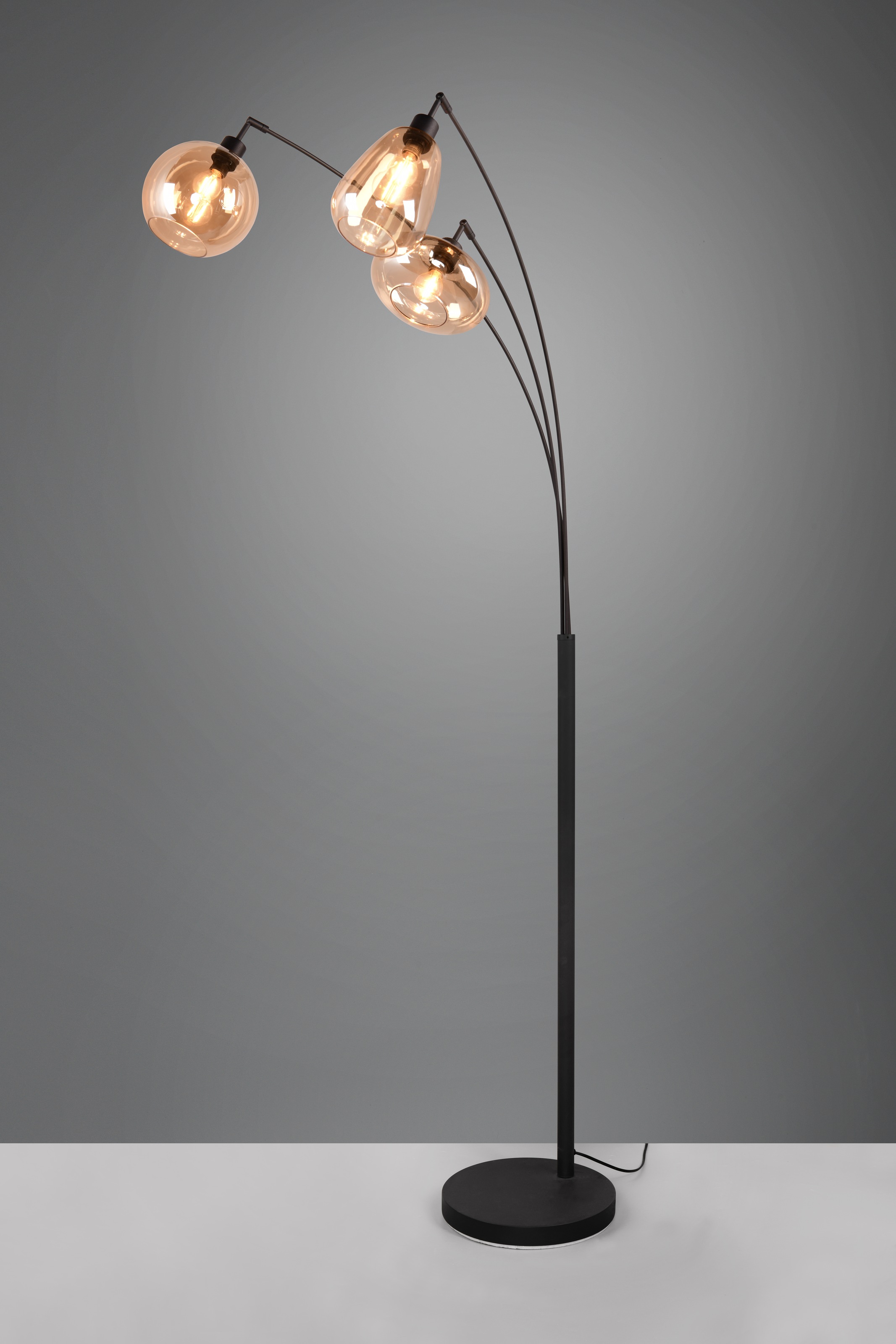 TRIO Leuchten Stehlampe »LUMINA, gebogene Stehleuchte mit Glasschirmen exkl 3xE14 max 10W«, 3 flammig, Leuchtmittel E14 | Leuchtmittel wechselbar, amberfarbige Gläser in 3 Formen, Fußschalter, Bogenleuchte Höhe 200 cm
