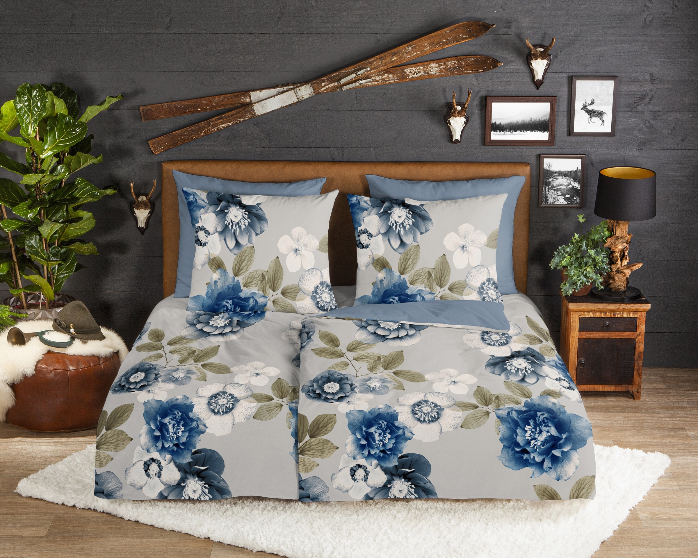 good morning Wendebettwäsche »Gabin«, Flanell, Biber, Winter, Warm, Reißverschluss, Wende, Blumen, Grau Blau
