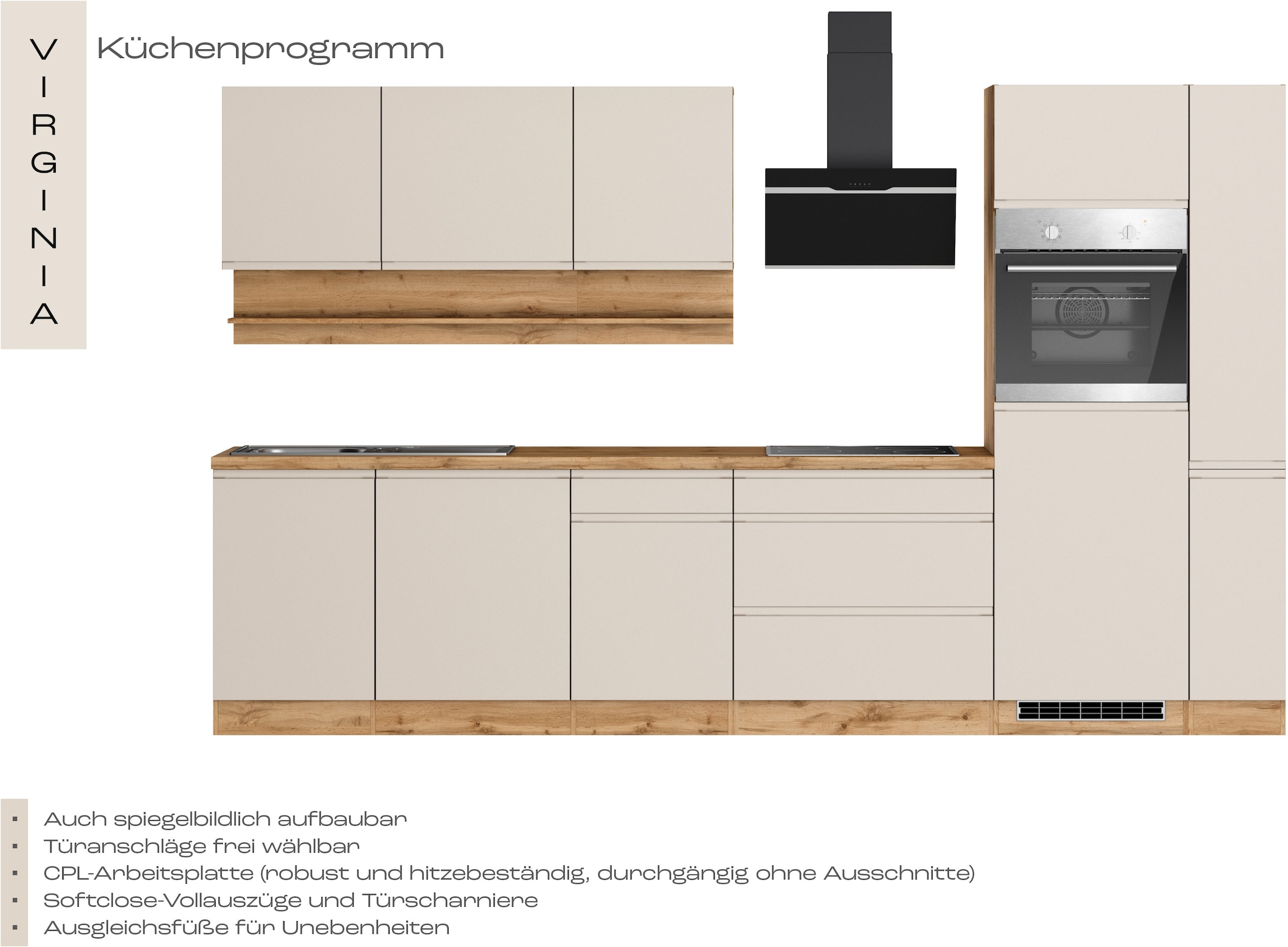 KOCHSTATION Küchenzeile »KS-Virginia,neu in verbesserter Ausführung« Arbeitsplatte 38 mm stark, Stauraum, Softclose,  Breite 330 cm, Soft-Close, ohne E-Geräte