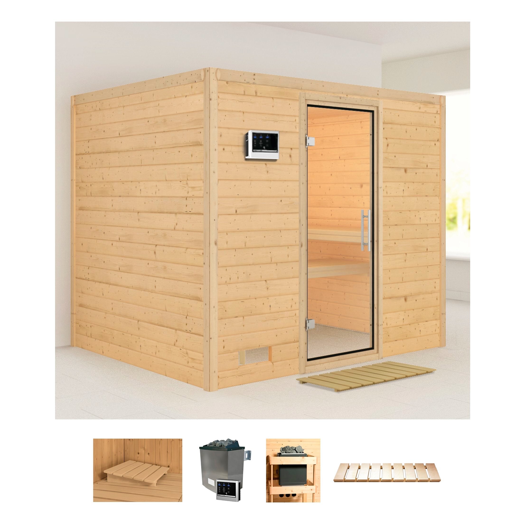 Karibu Sauna „Soraja“, (Set), 9-kW-Ofen mit externer Steuerung naturbelassen